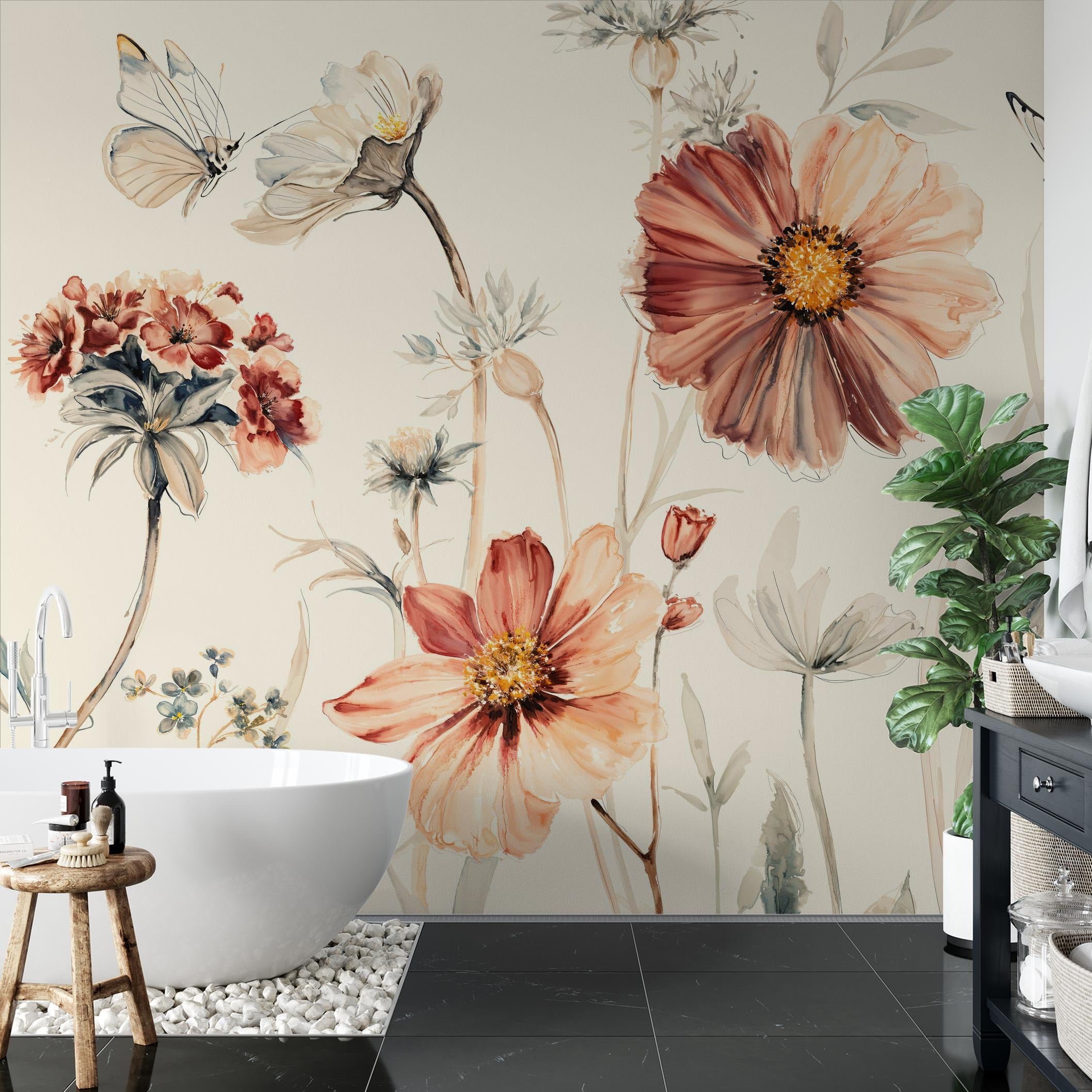 "Wall Blush's Wildflower Dreams Wallpaper (Cream) in an elegant bathroom, highlighting the floral focus wall."