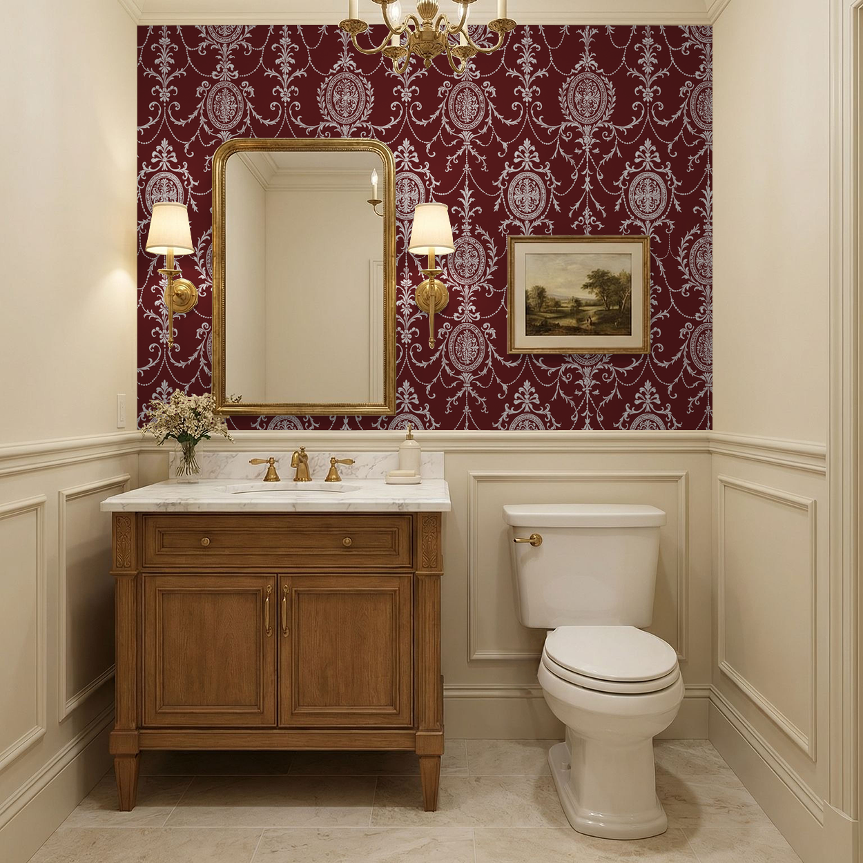 State Room Scroll (Burgundy) Wallpaper