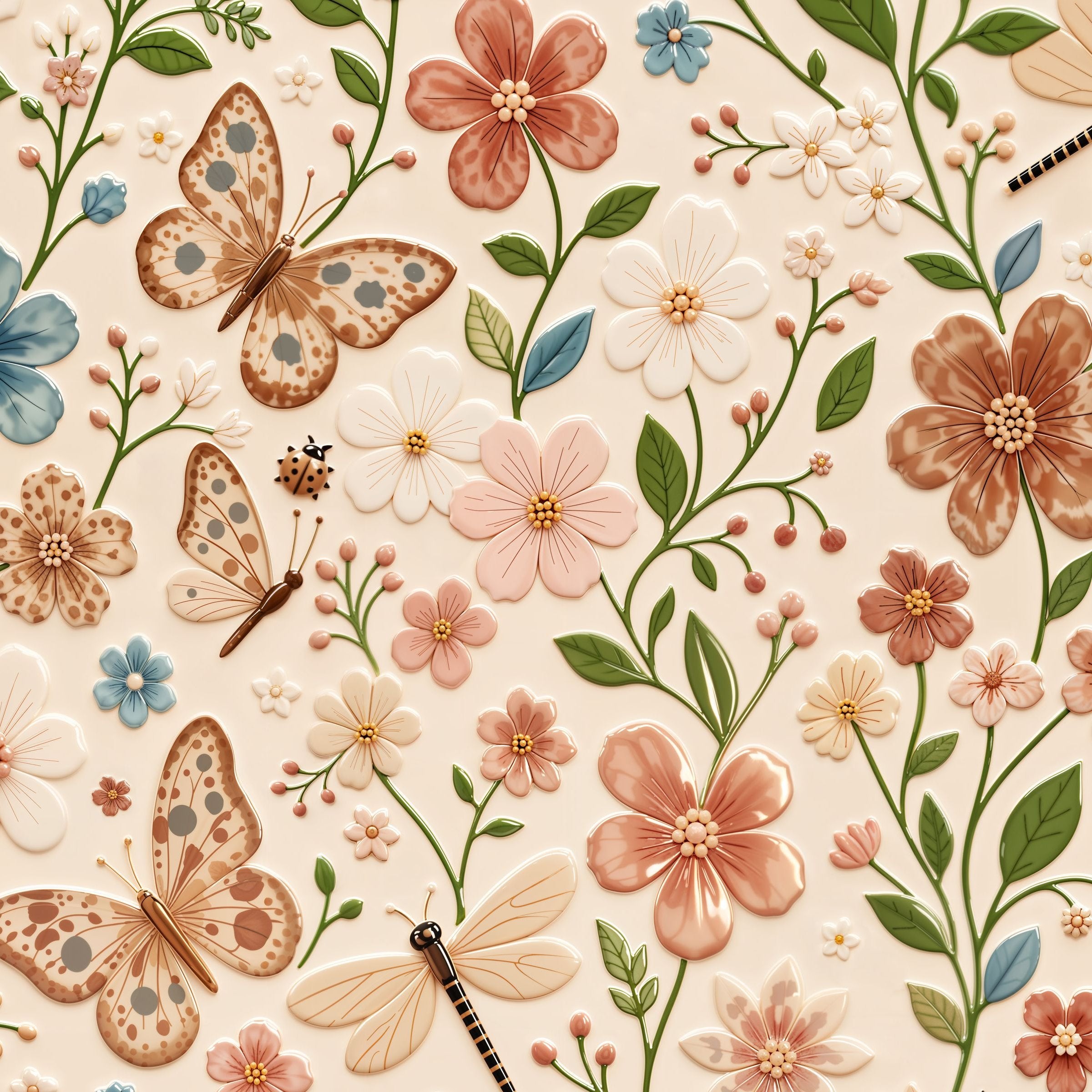 Floral wallpaper with butterflies and dragonflies on a cream background.