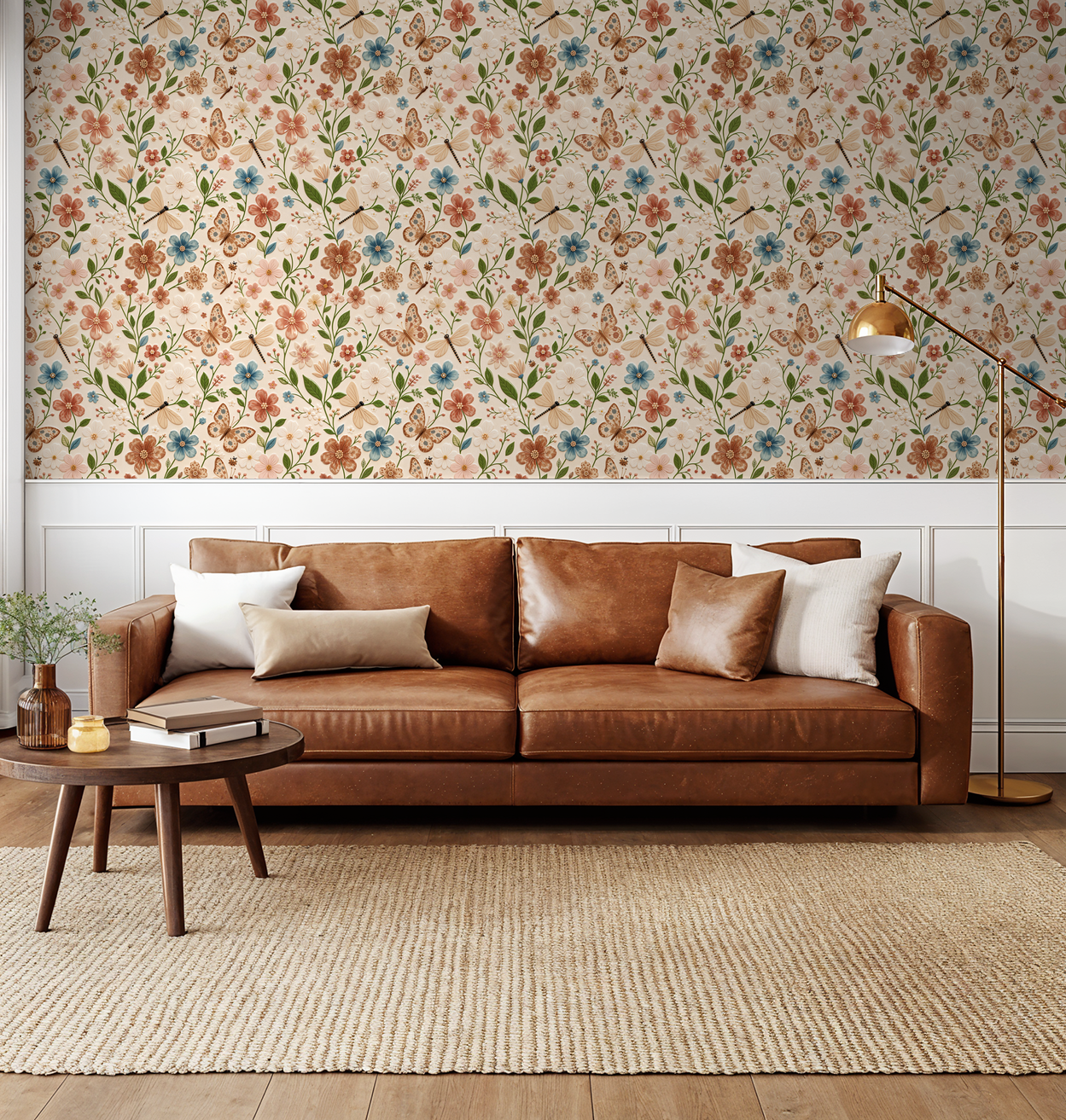Floral wallpaper with butterflies in a living room with brown leather sofa.
