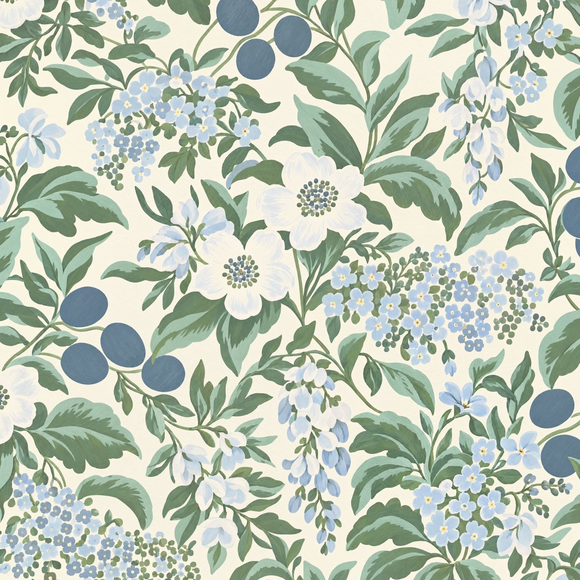 Bloomique Sage and Berry floral wallpaper with blue and green botanical pattern