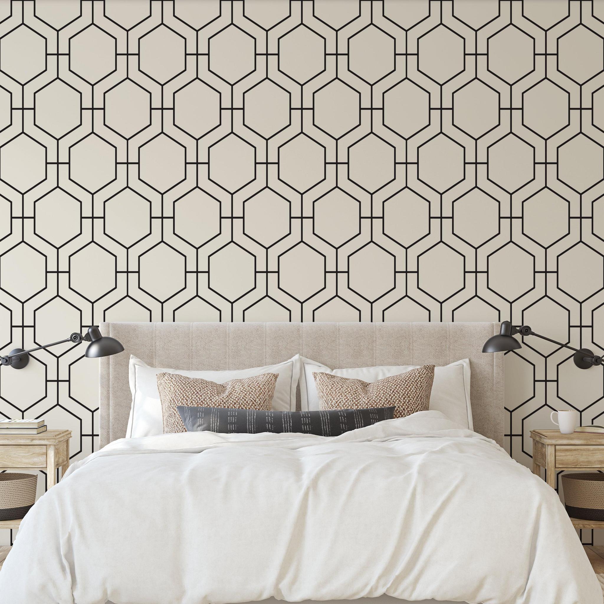 Modern Love Affair Wallpaper by The Tamra Judge Line accentuates bedroom walls, enhancing cozy and stylish decor.