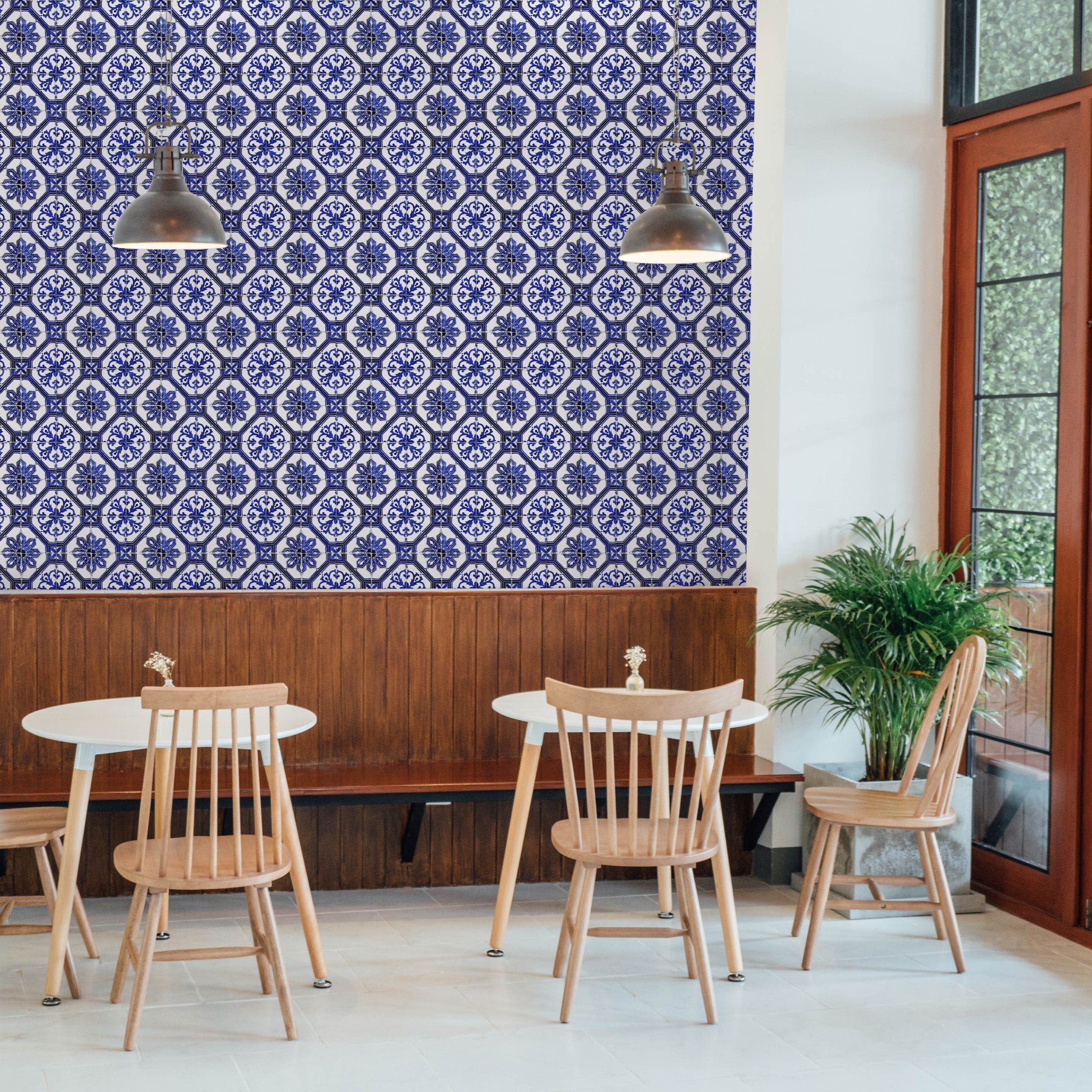 "Alma Wallpaper by Wall Blush in a modern dining area, featuring bold patterns as the focal point."