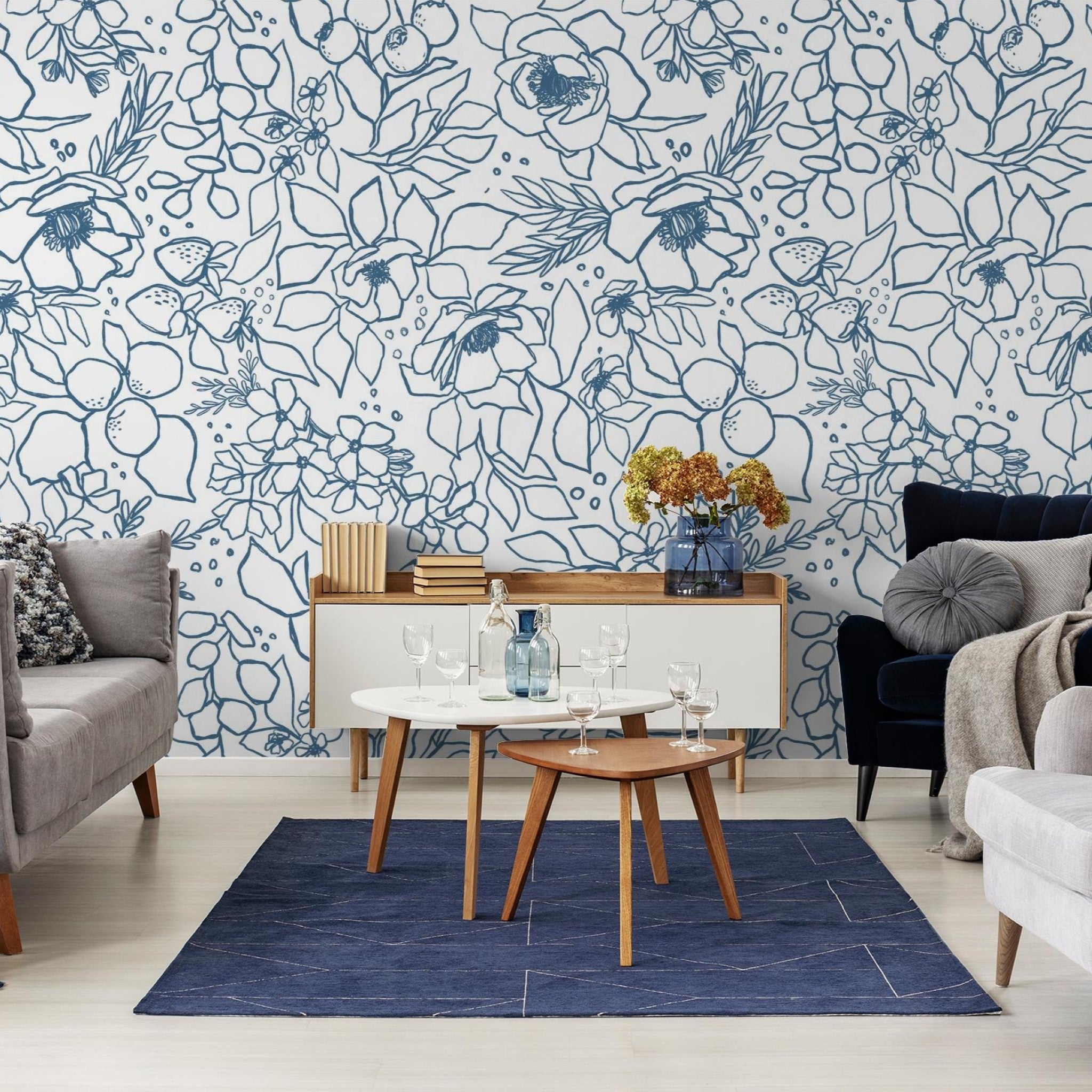 "Wall Blush's Paige Wallpaper highlighting a modern living room with stylish furniture and decor accents."