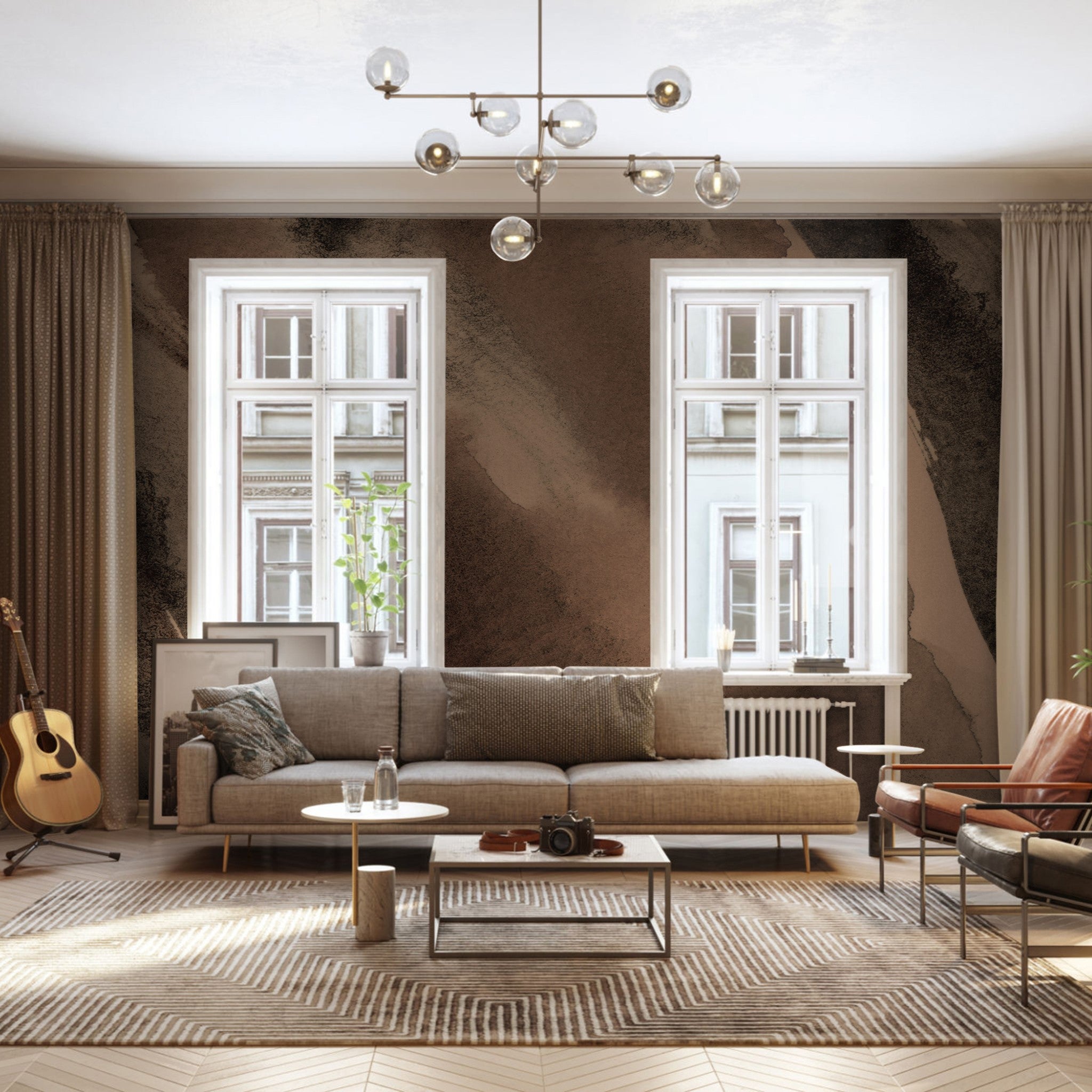 "Wall Blush Chicago Wallpaper featuring in a stylish modern living room with large windows and cozy furnishings."