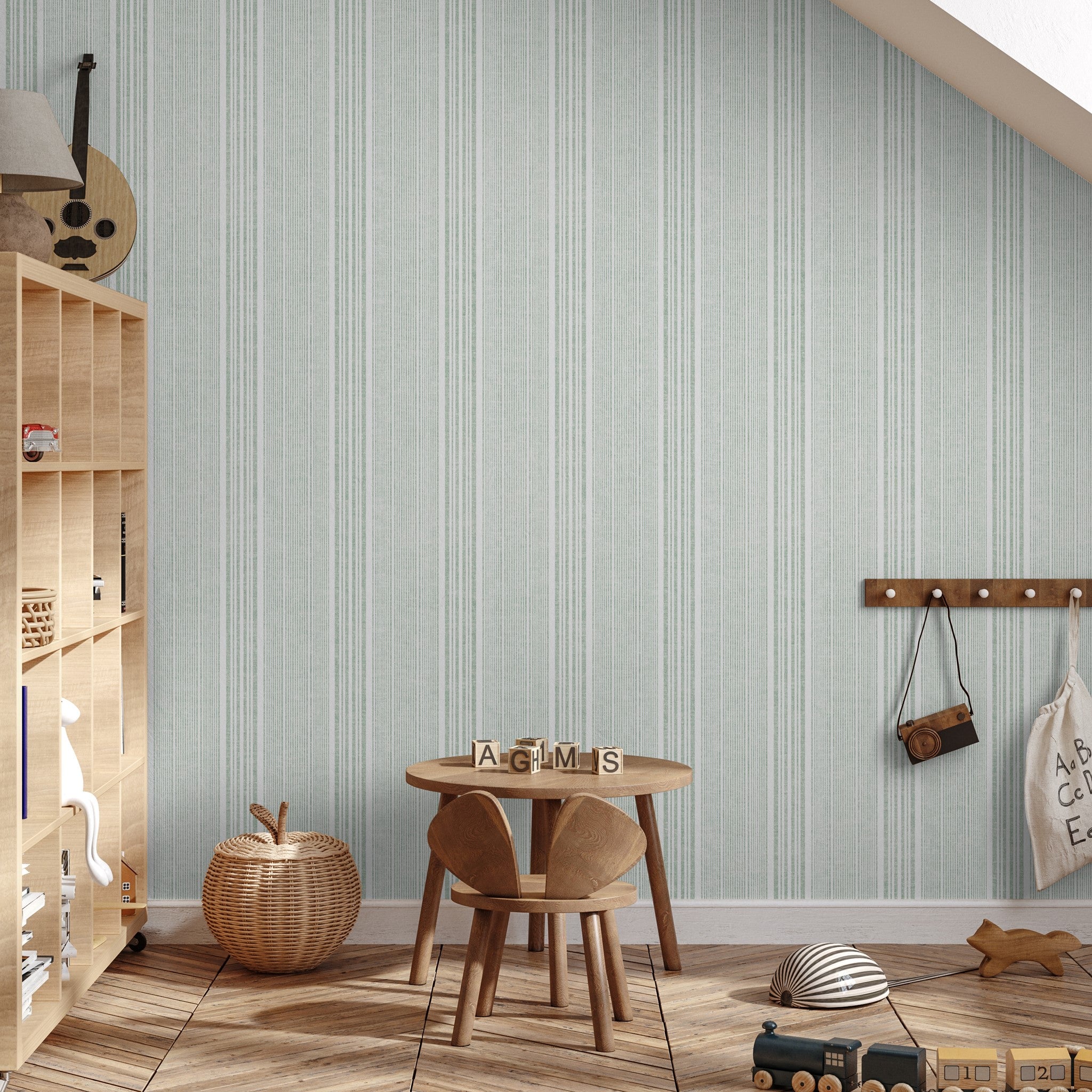 "Wall Blush Small Town Wallpaper in a cozy children's room, showcasing a serene striped design."