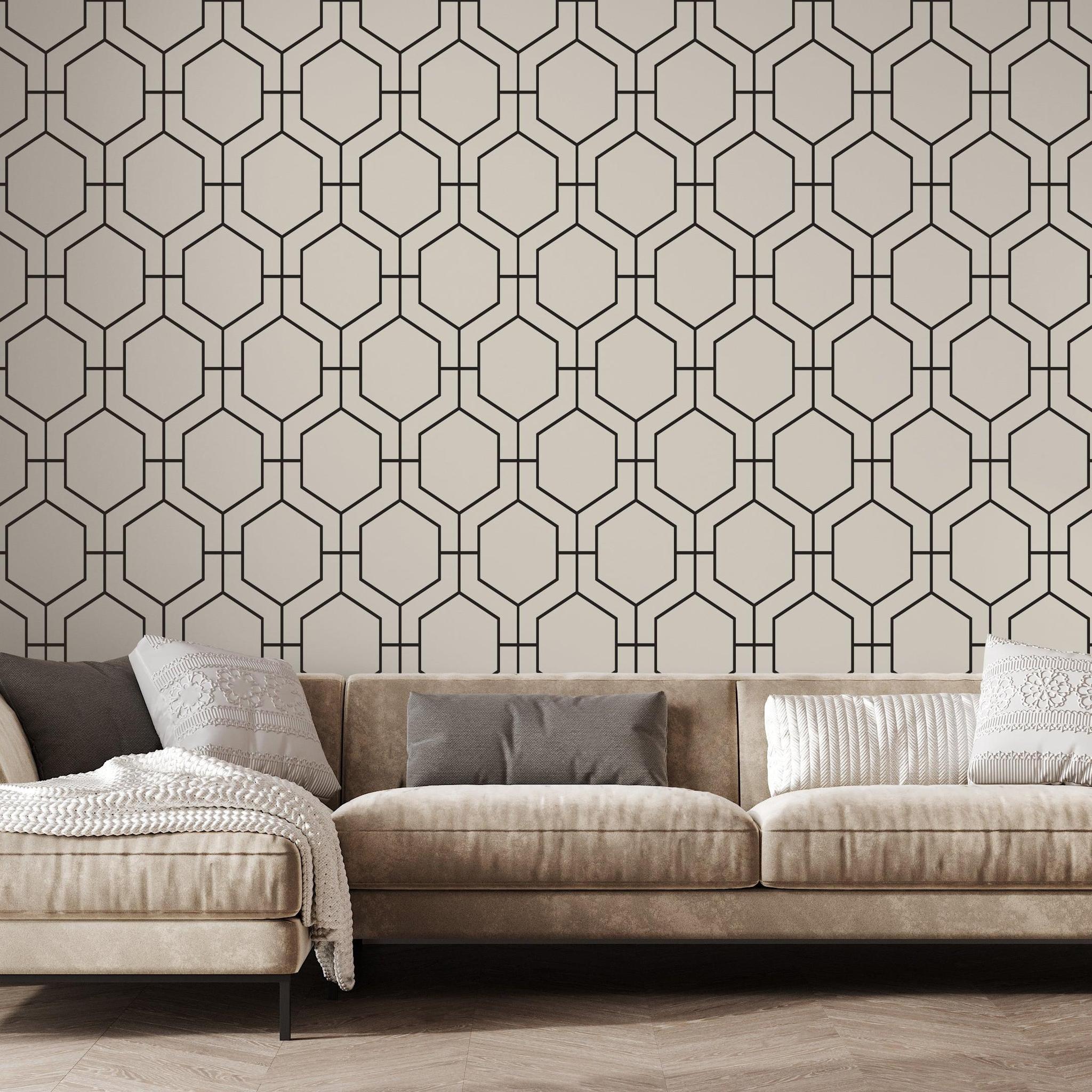 Modern Love Affair Wallpaper by The Tamra Judge Line in an elegant living room setting, highlighting the bold pattern.