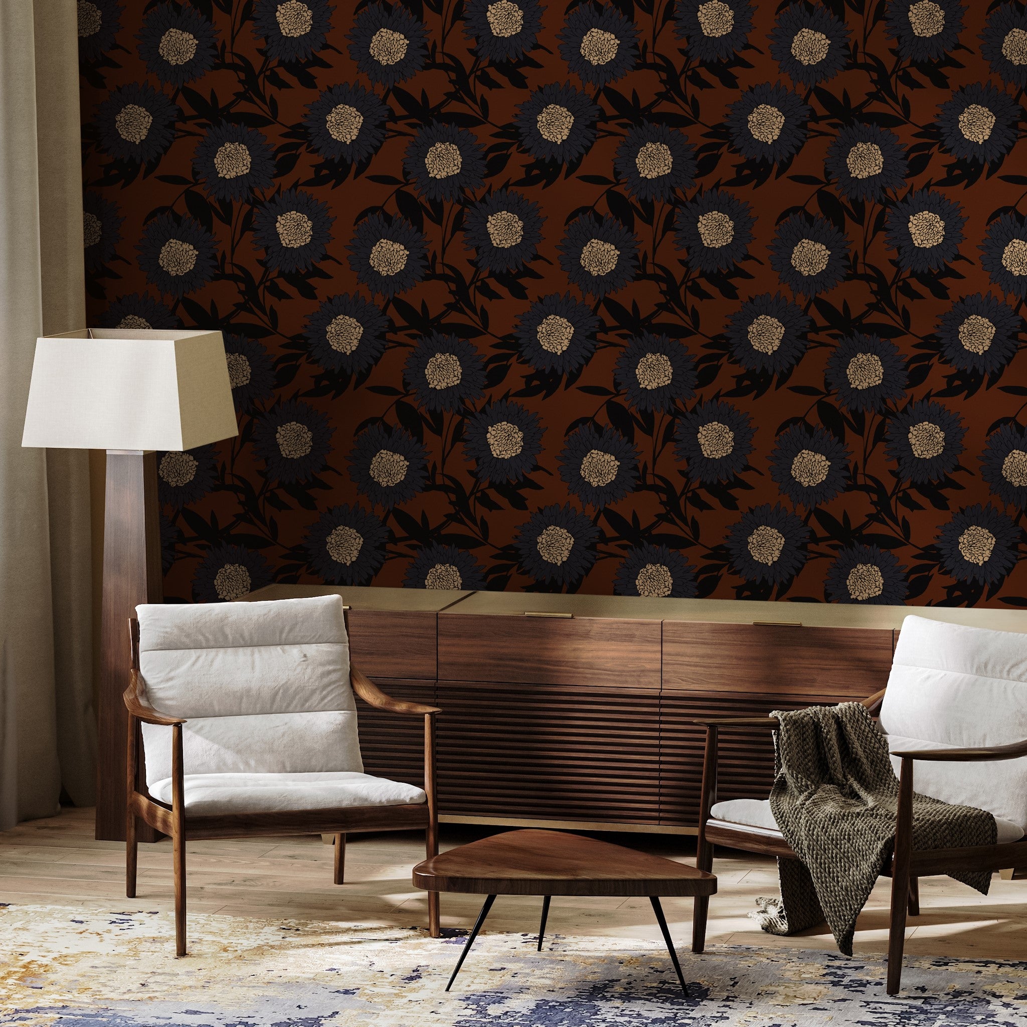 "Wall Blush Raven Wallpaper accentuating a modern living room's decor with elegant dark floral patterns."