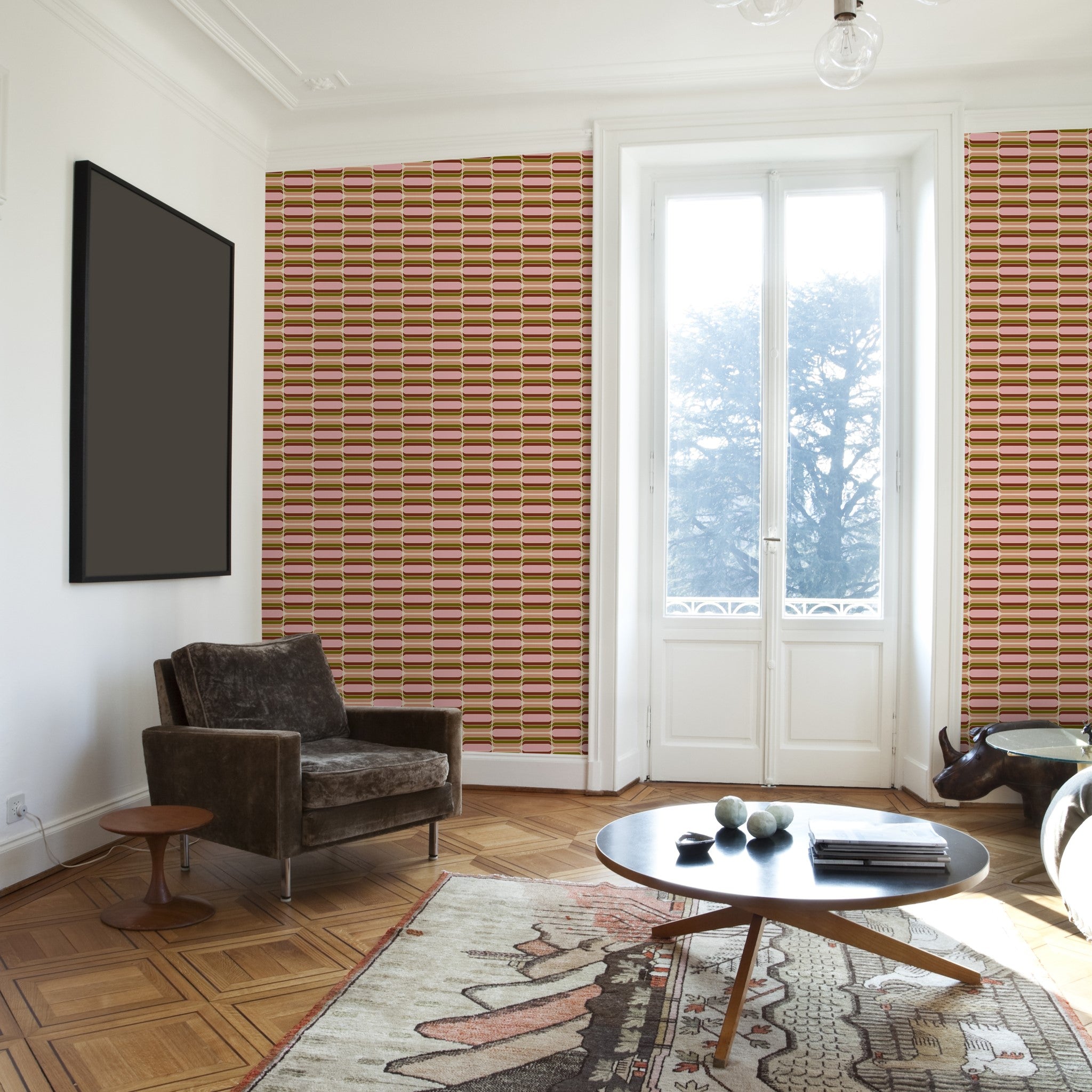 "Wall Blush's 30 and Flirty Wallpaper showcasing in a chic living room, emphasizing stylish modern decor."