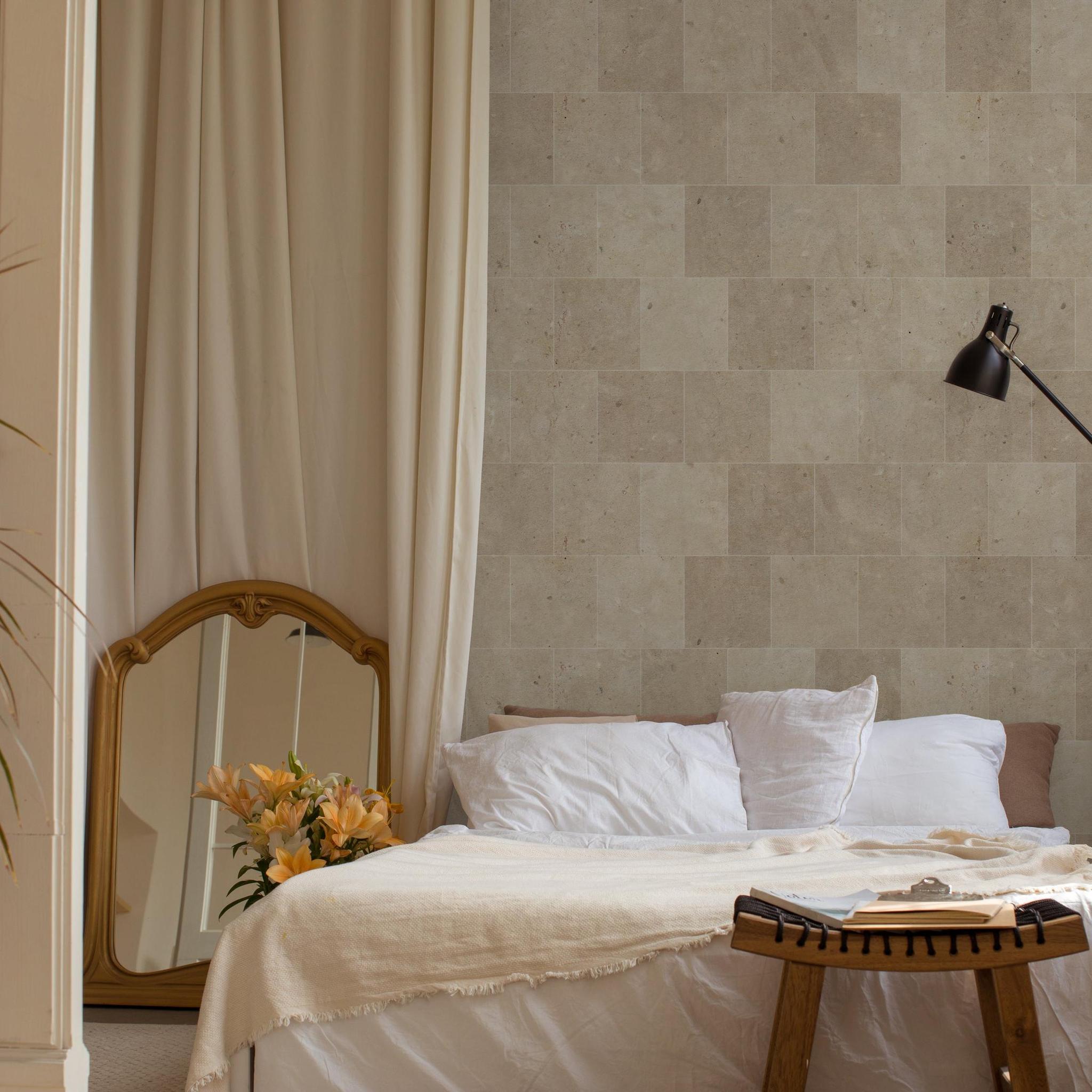 Cozy bedroom featuring Blair Wallpaper by Wall Blush SG02, with elegant neutral tones.