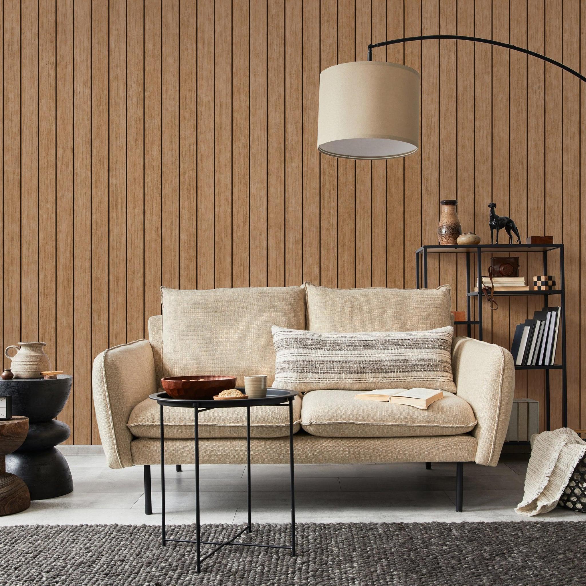 Lockwood Wallpaper by Wall Blush SG02 in a stylish living room with accentuated wooden textures.