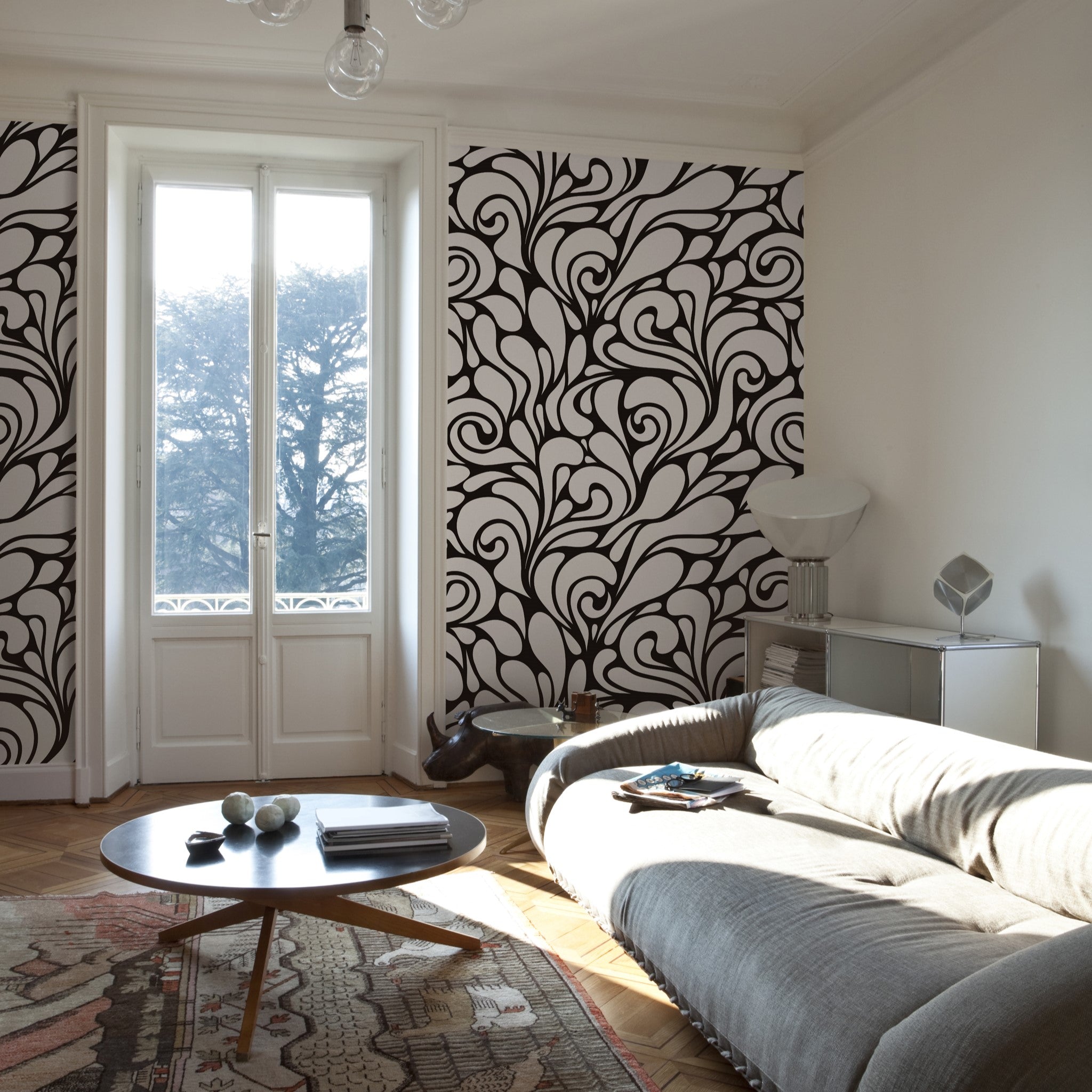 "Flowers of Jade Wallpaper by Wall Blush in an elegant living room setting, highlighting stylish wall decor."