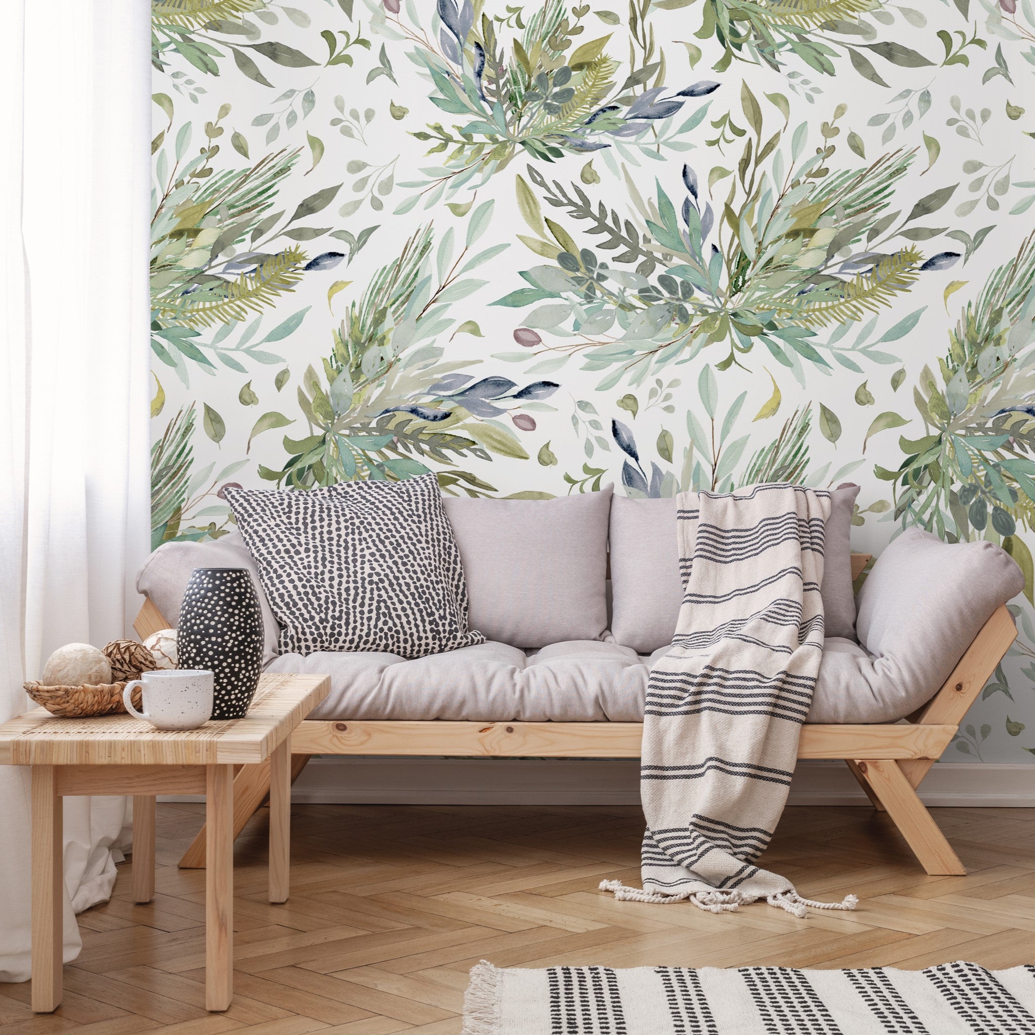 "Lilian's Grove Wallpaper by Wall Blush in a cozy living room, highlighting elegant botanical design."
(Note: The description focuses on the wallpaper as the primary subject and includes the product title, the brand, and the type of room present in the image. It also hints at the aesthetic feel of the wallpaper, providing context for search engine optimization (SEO).)