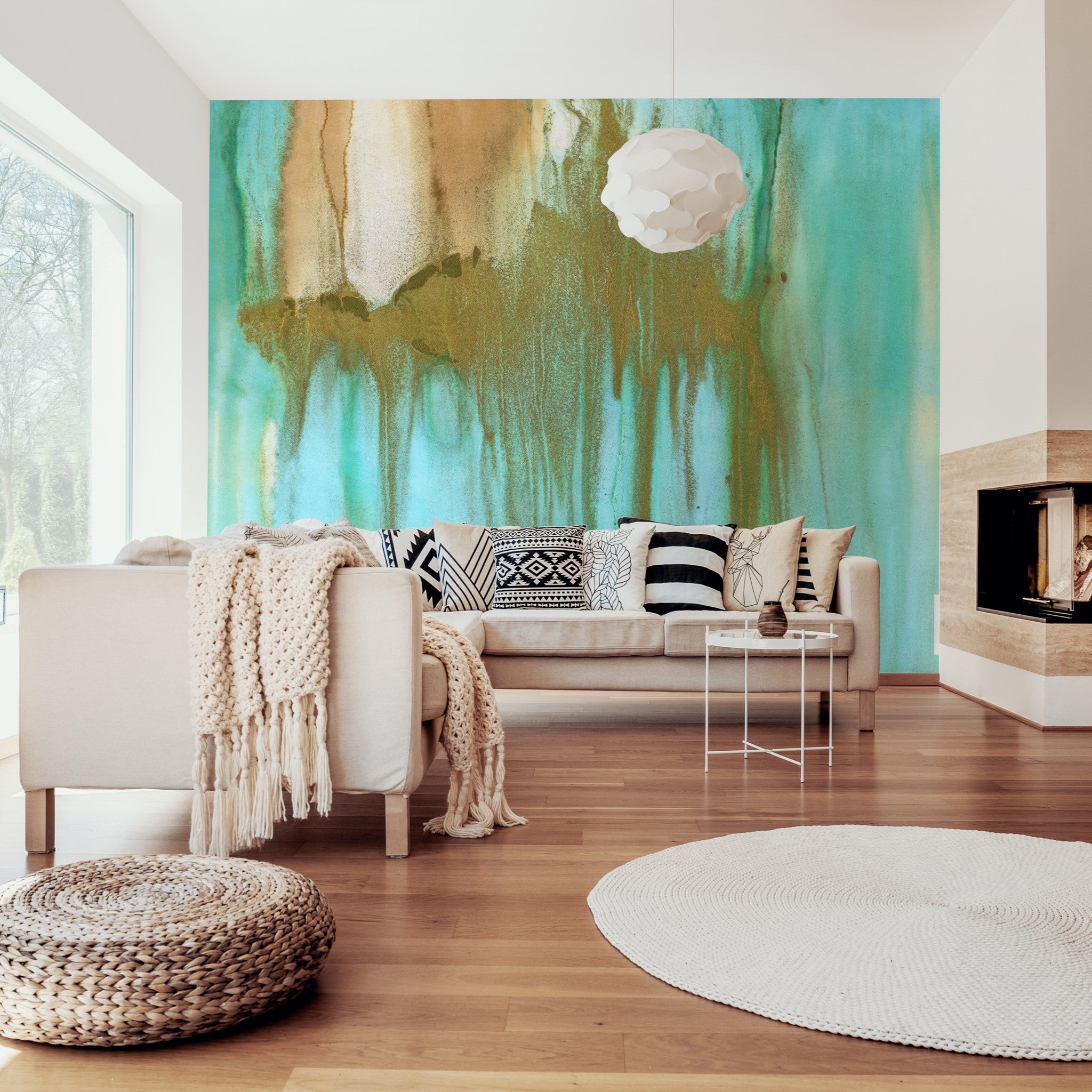 "Wall Blush Venice Wallpaper as the focal point in a modern living room with stylish decor and furniture."