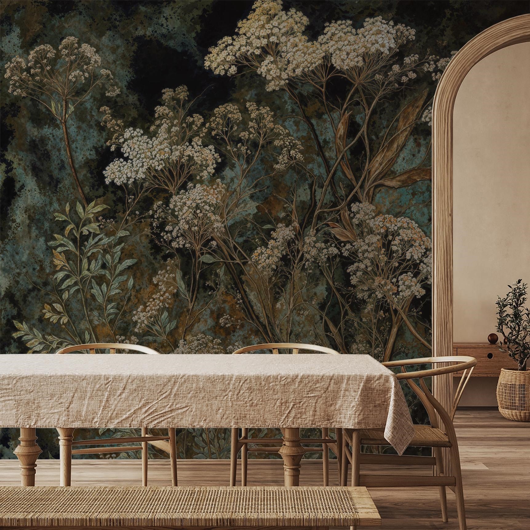 "Copper Garden Wallpaper by Wall Blush in an elegant dining room with a focus on its botanical design."