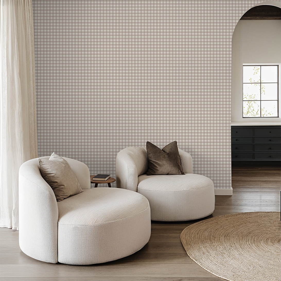 Willowside Gingham (Tan) Wallpaper - 8 FT H X 10 FT W Luxe Peel and Stick
