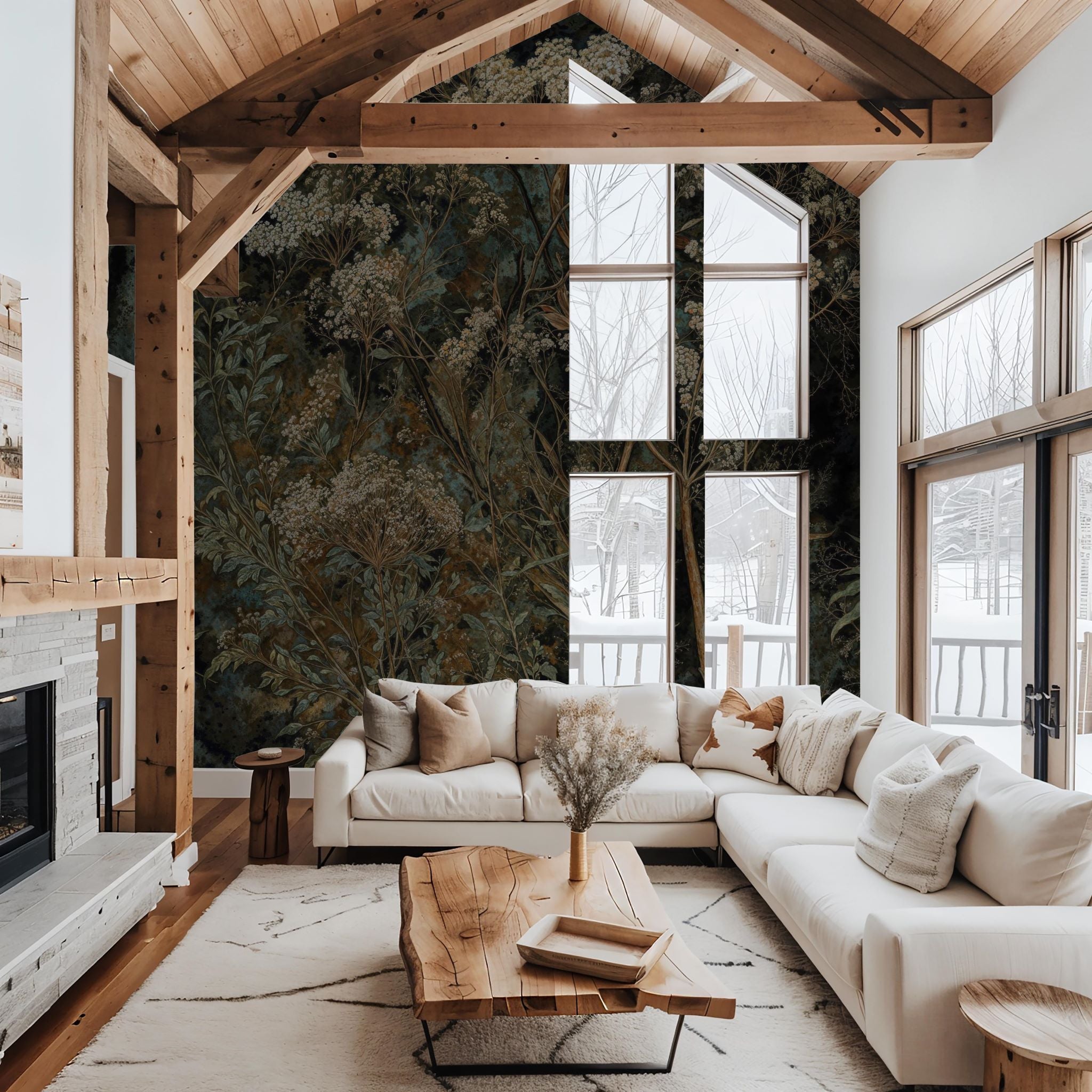Alt: "Wall Blush Copper Garden Wallpaper in a cozy living room setting, showcasing botanical patterns as the focal point."