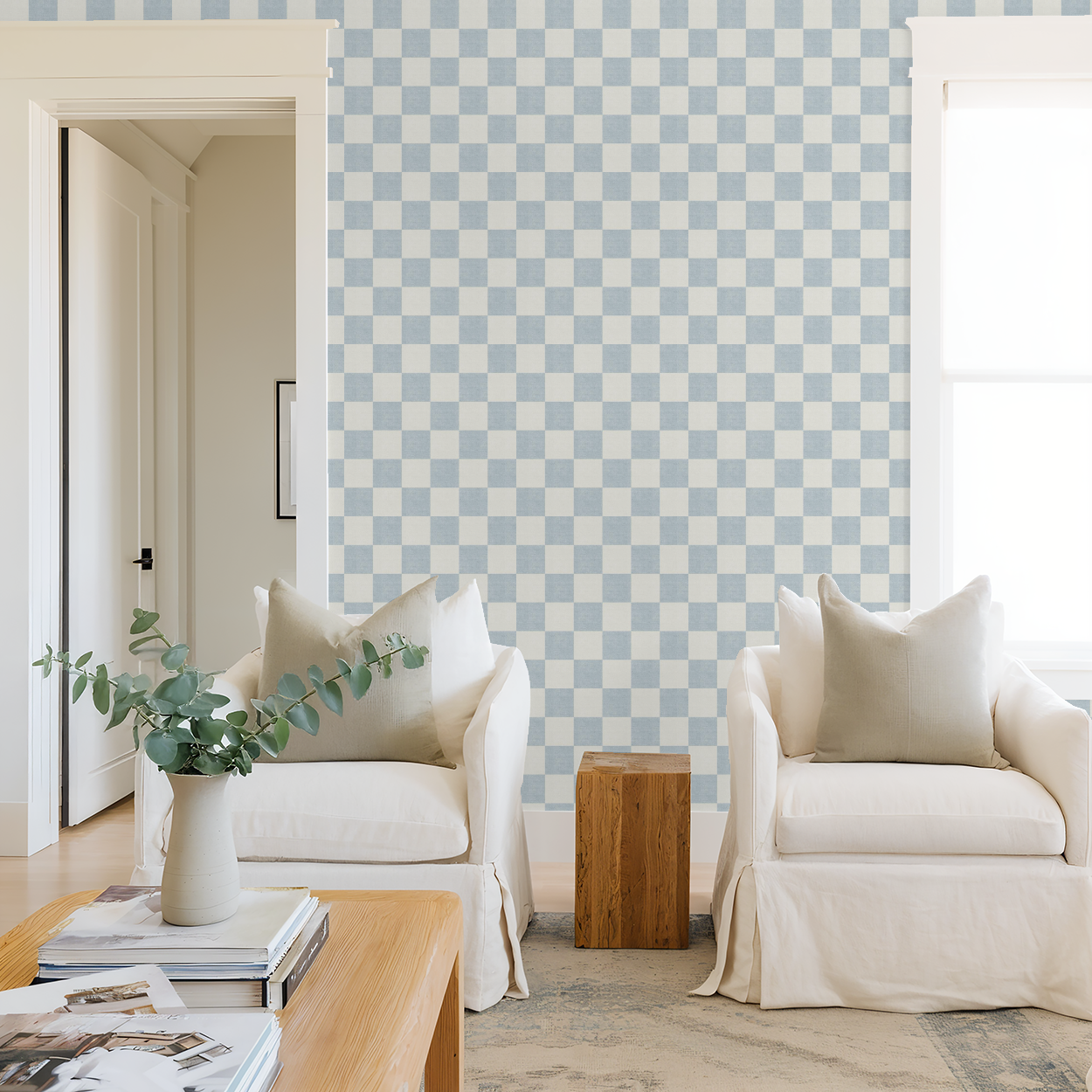 Woven Check (Blue) Wallpaper - 10 FT H X 13 FT W Peel and Stick