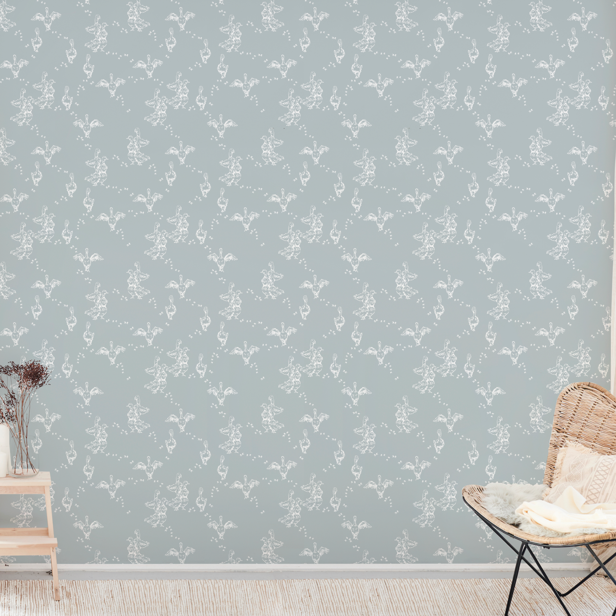 "Blue Abigail Wallpaper by Wall Blush adorning a modern living room wall, showcasing elegant design."