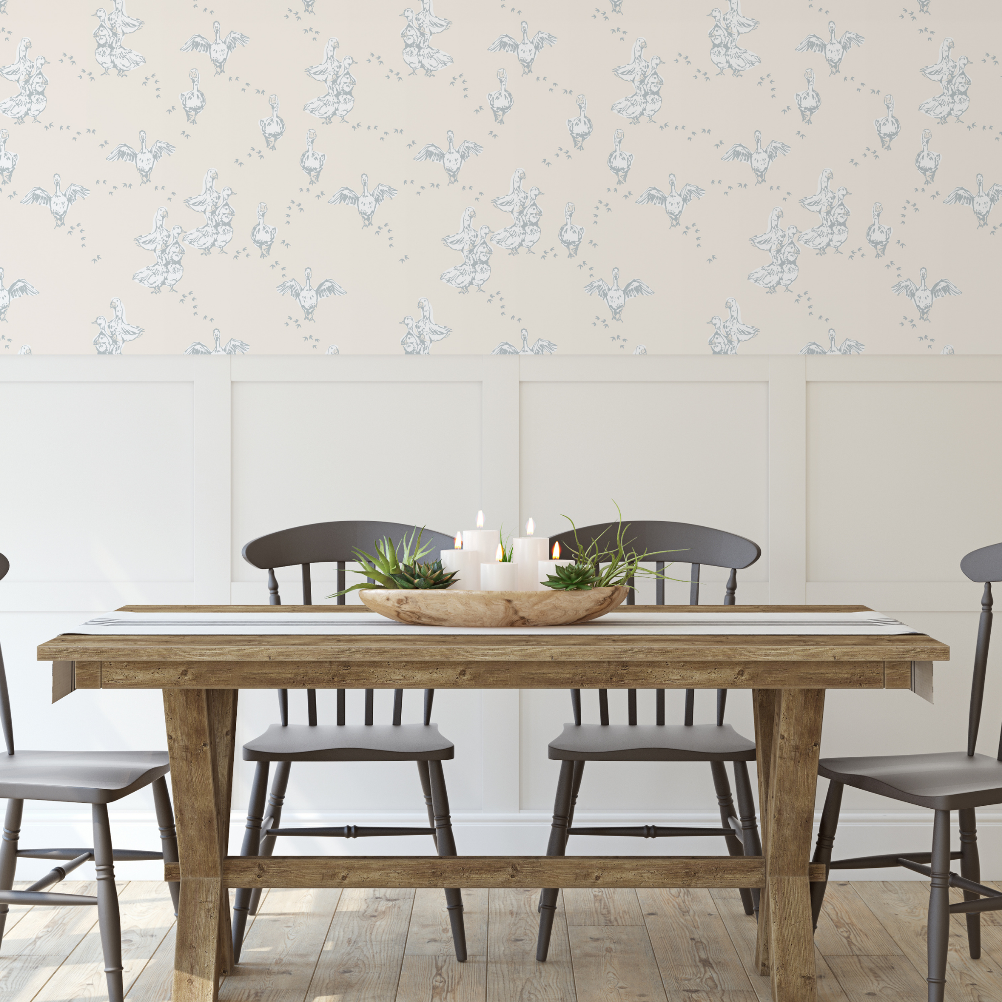 "Dining room featuring Wall Blush's Abigail (Cream) Wallpaper with elegant floral pattern."