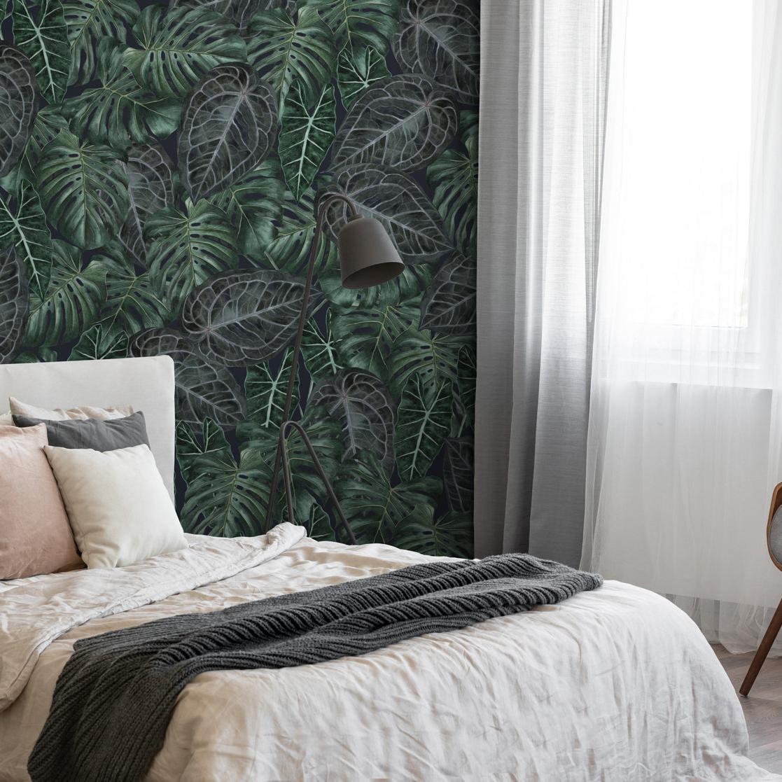 Aloha Wallpaper from The Nida Jahain Line in a modern bedroom showcasing tropical design focus.
