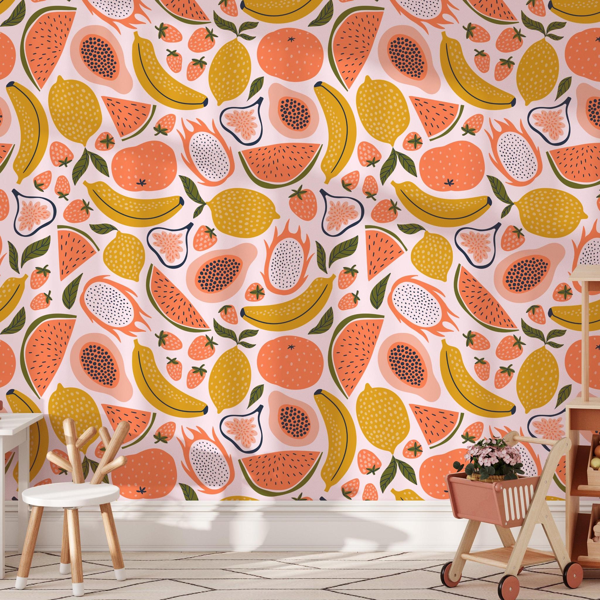 Ambrosia Wallpaper by Wall Blush SG02 in a playful children's room with vibrant fruit designs.