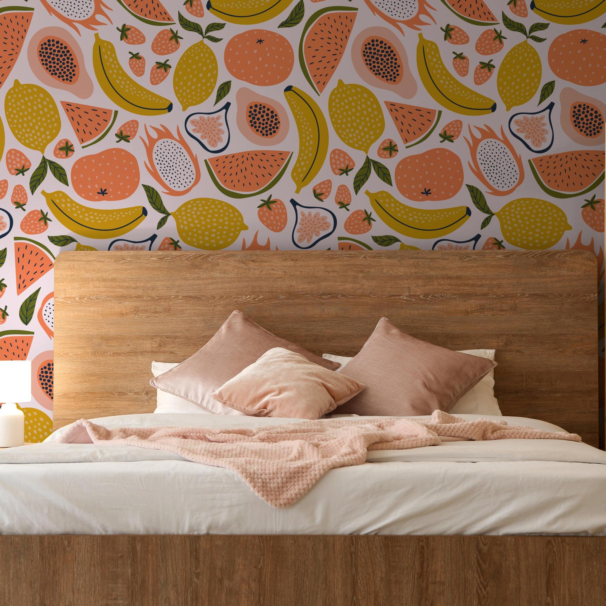 Ambrosia Wallpaper by Wall Blush SG02 featured in a modern bedroom, with vibrant fruit patterns as the focal point.