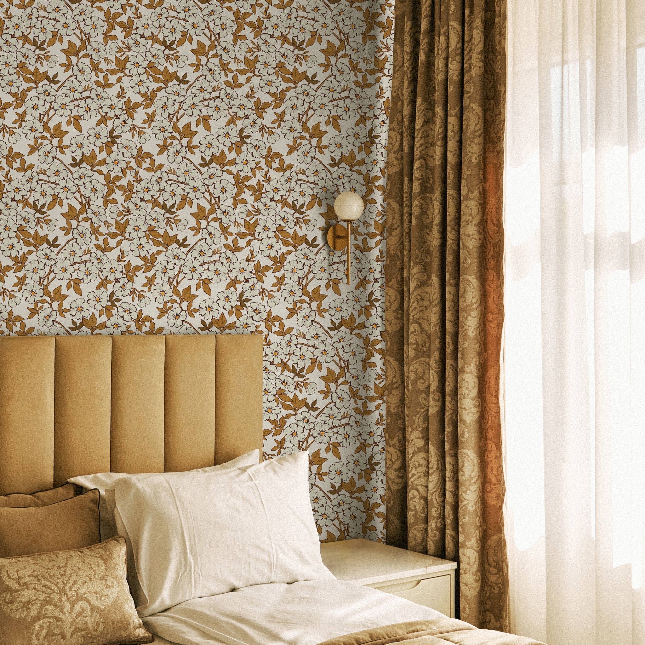 "Wall Blush's Antoinette Wallpaper featured in a cozy, stylish bedroom setting with a focus on the elegant floral design."