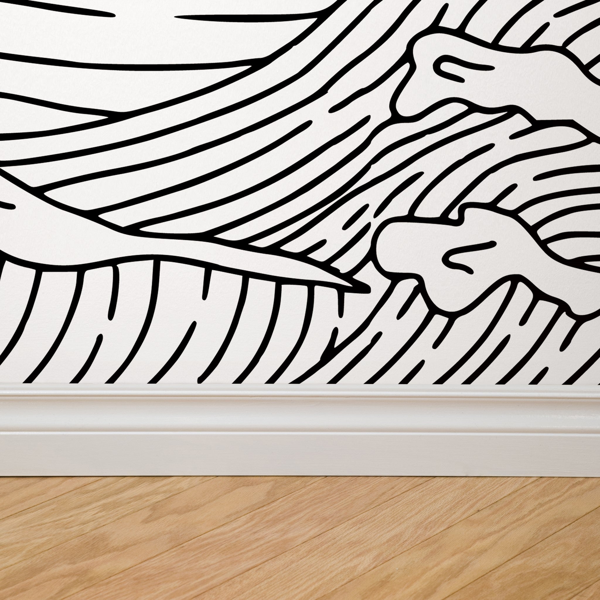 "Wall Blush's Sea to Summit Wallpaper in modern room, bold black and white design, focus on aesthetic wall decor"