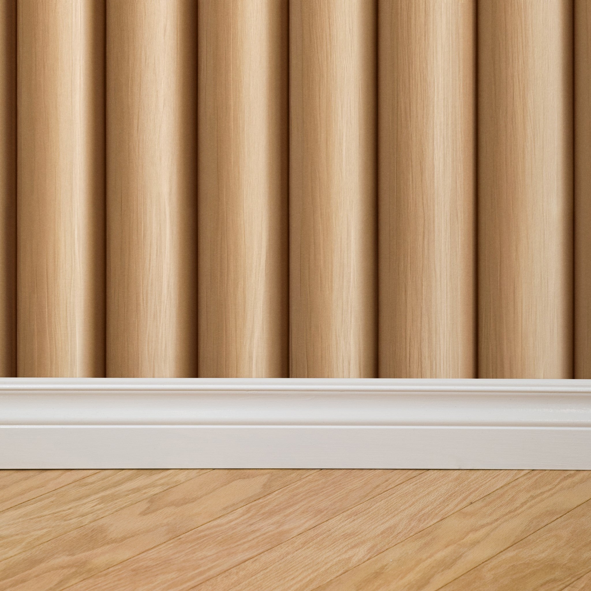 "Wall Blush Timber Wallpaper adding warmth and texture in a minimalist living room setting."