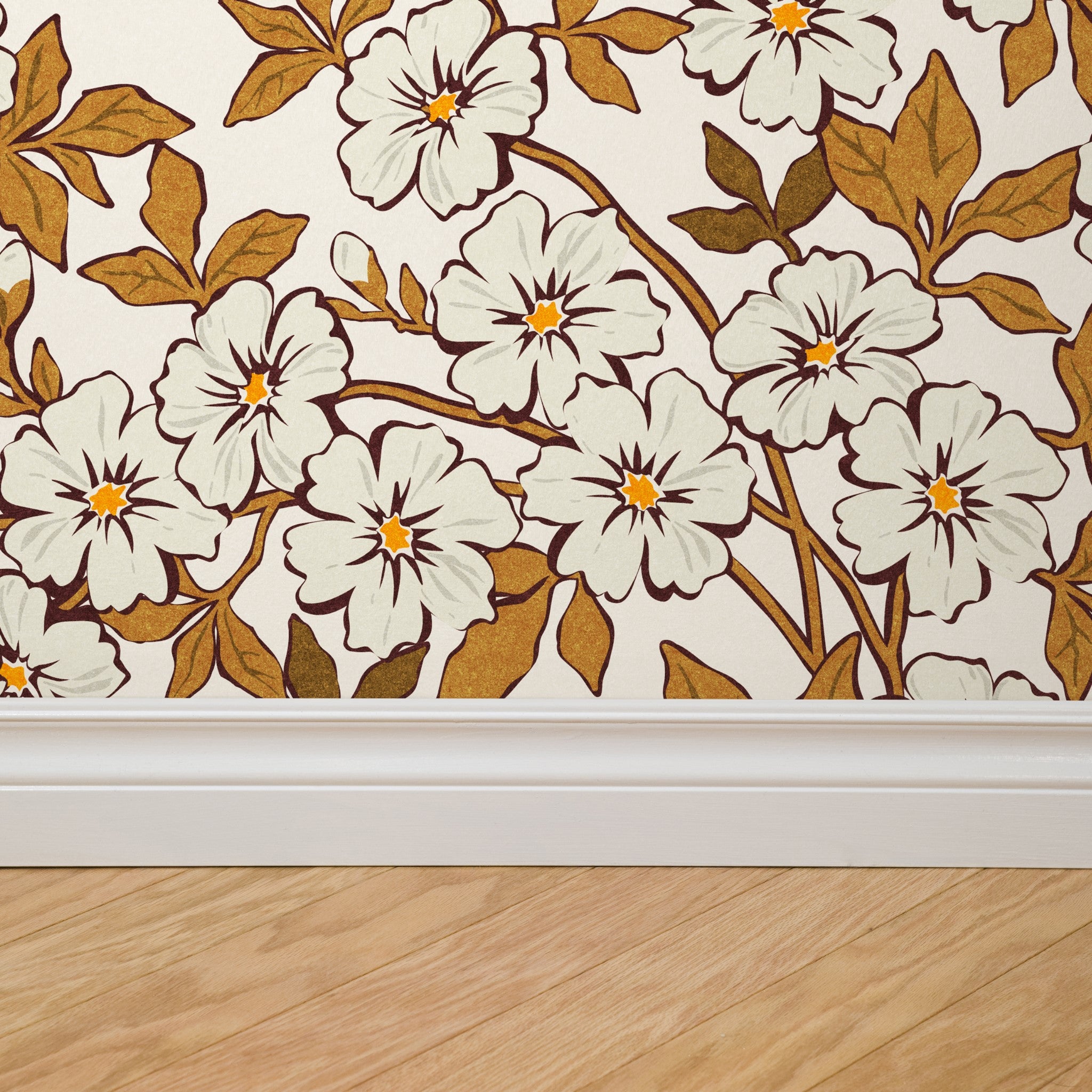 "Wall Blush Antoinette Wallpaper in elegant living space with floral patterns as the prime focus."