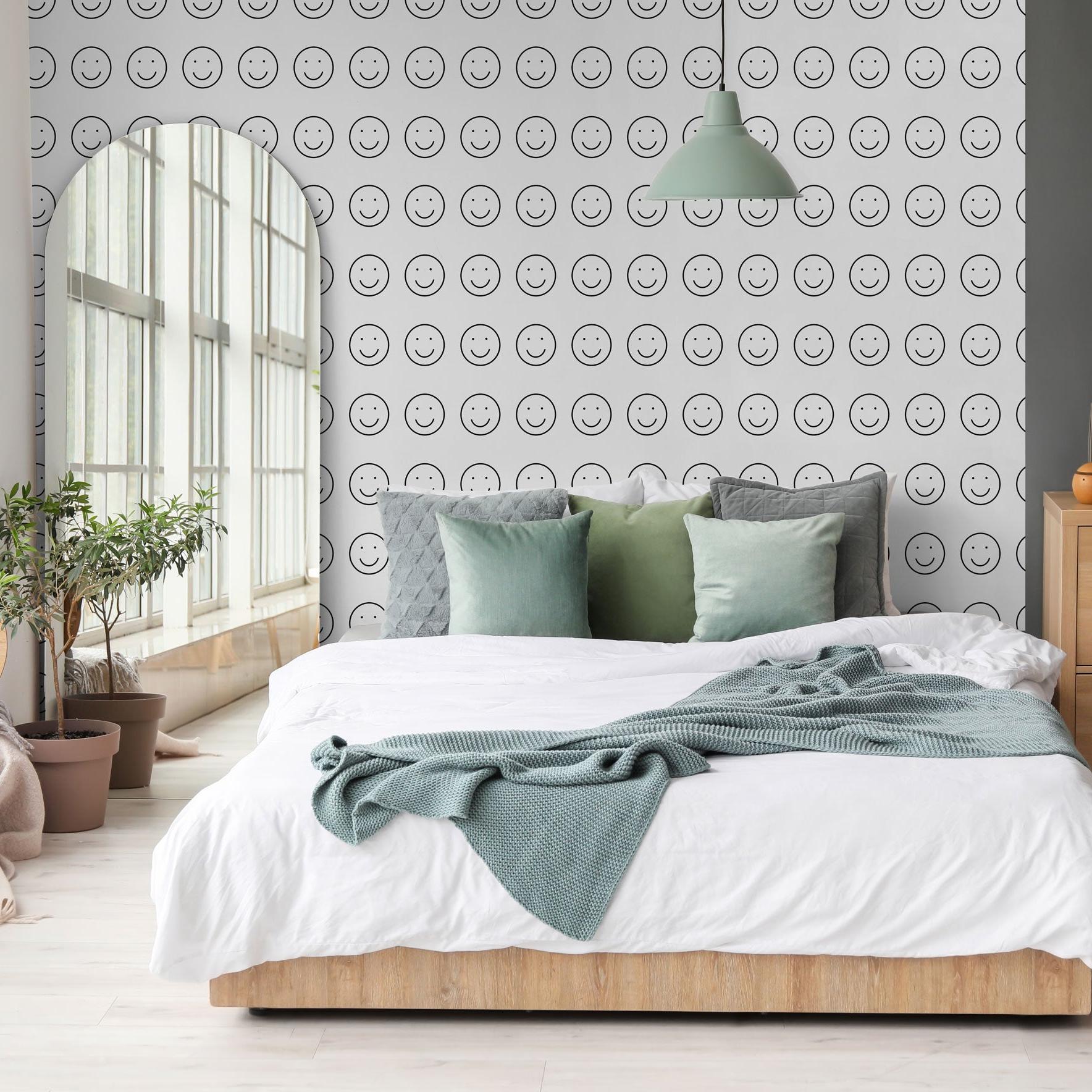 Be Happy Wallpaper by Wall Blush SG02 in a modern bedroom with smiley pattern focus