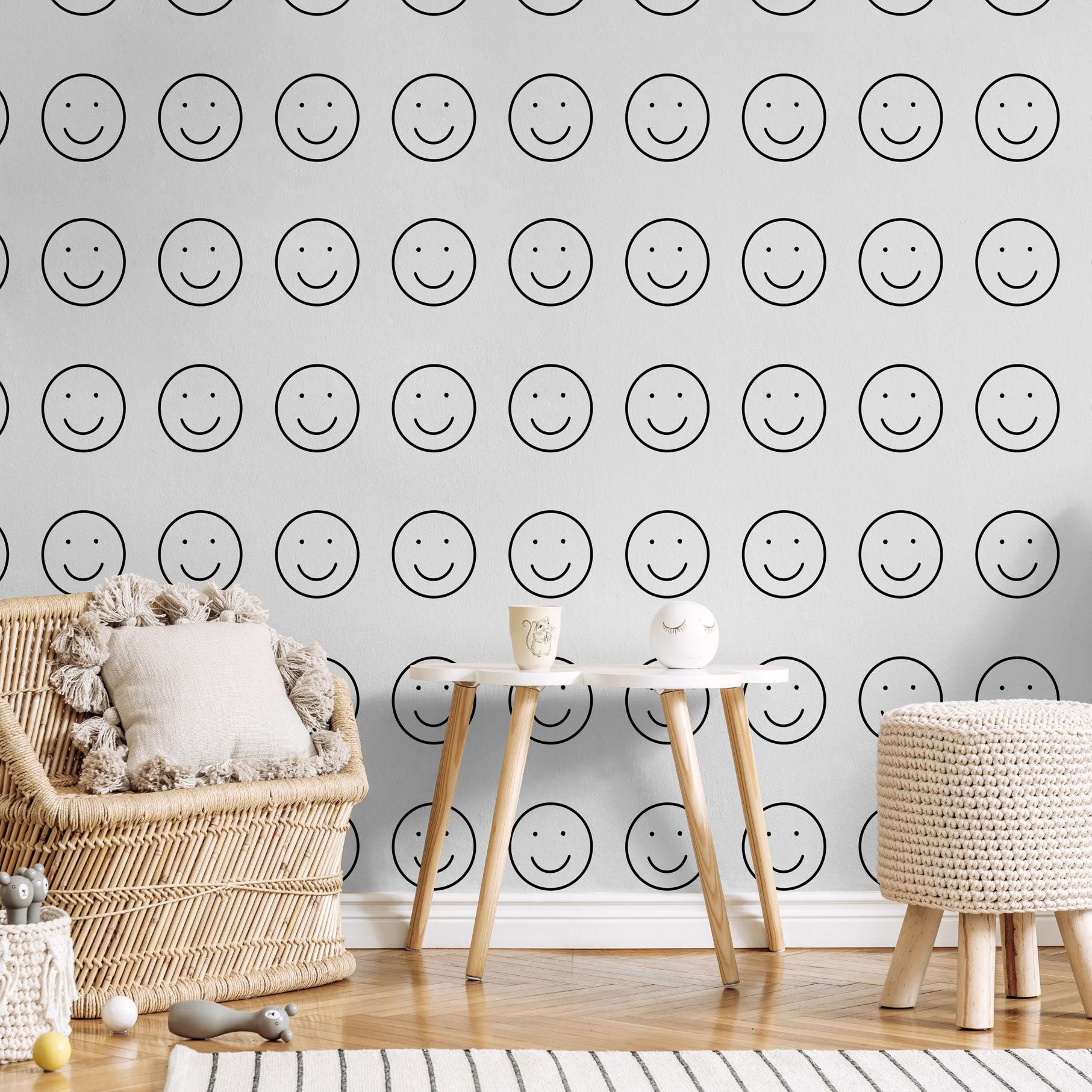 Wall Blush SG02 Be Happy Wallpaper in a cozy children's room with playful decor and plush toys.