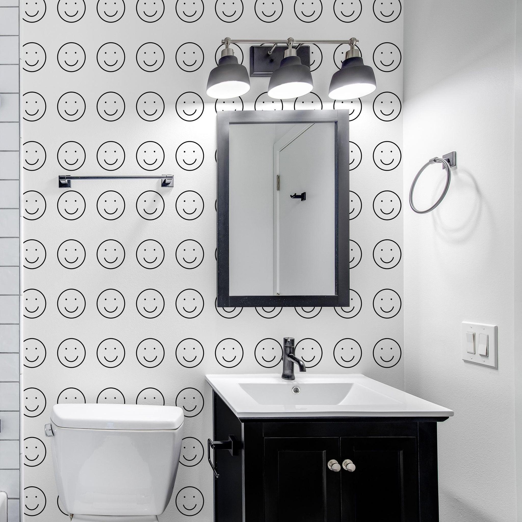 Be Happy Wallpaper by Wall Blush SG02 in a stylish bathroom, enhancing the room's modern aesthetic.