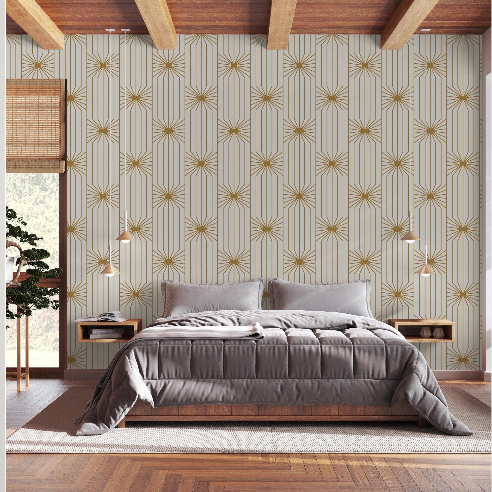 Wall Blush SG02 Carraway Wallpaper enhances modern bedroom decor with geometric design focus.