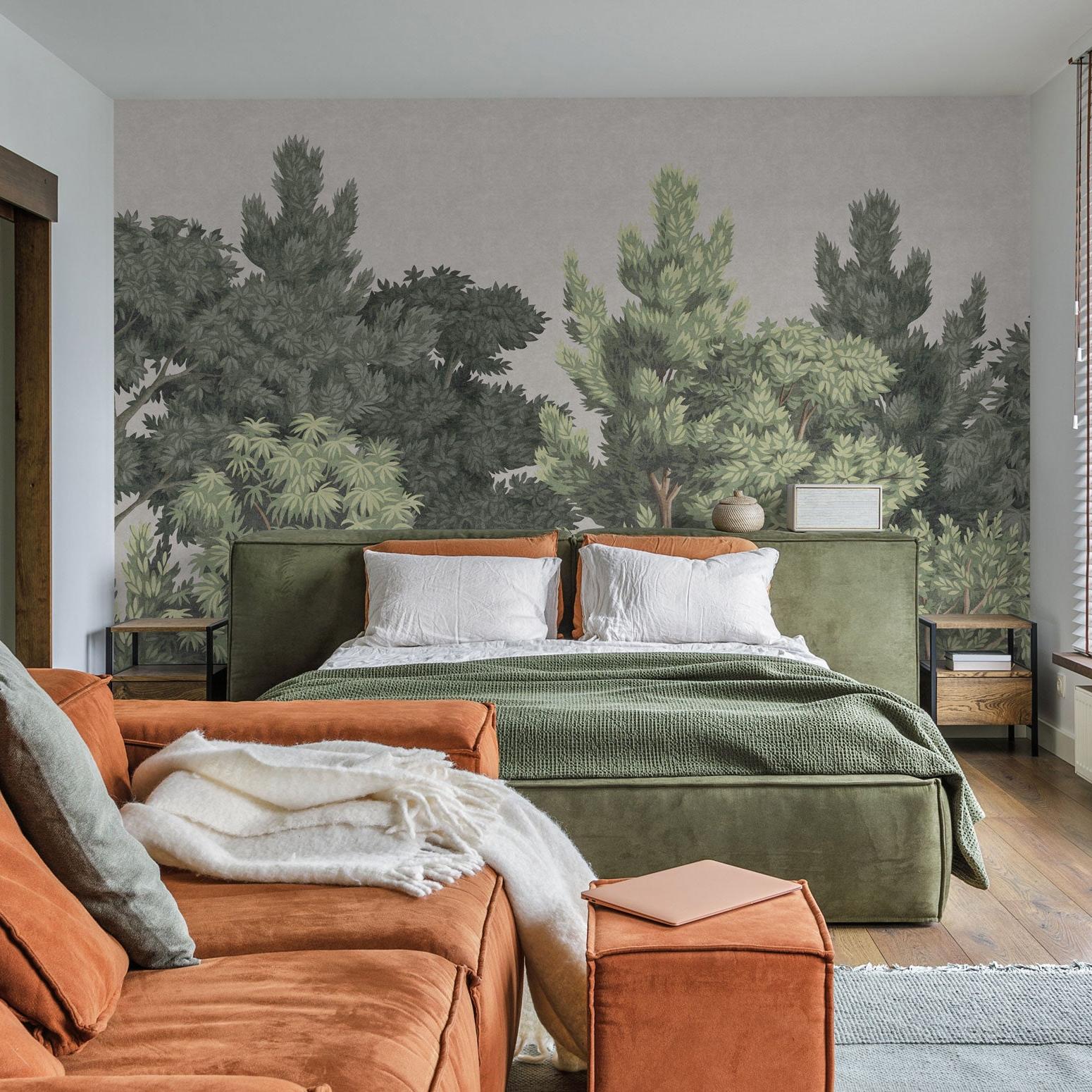 Wall Blush SG02 Central Park Wallpaper in a modern bedroom highlighting scenic tree designs.