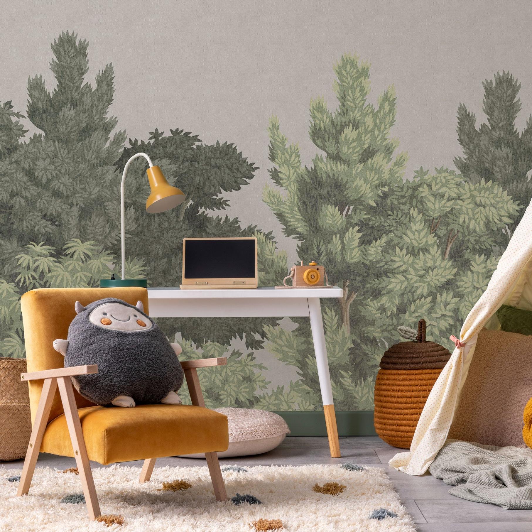 Wall Blush SG02 Central Park Wallpaper in a cozy children's playroom, highlighting detailed tree designs.