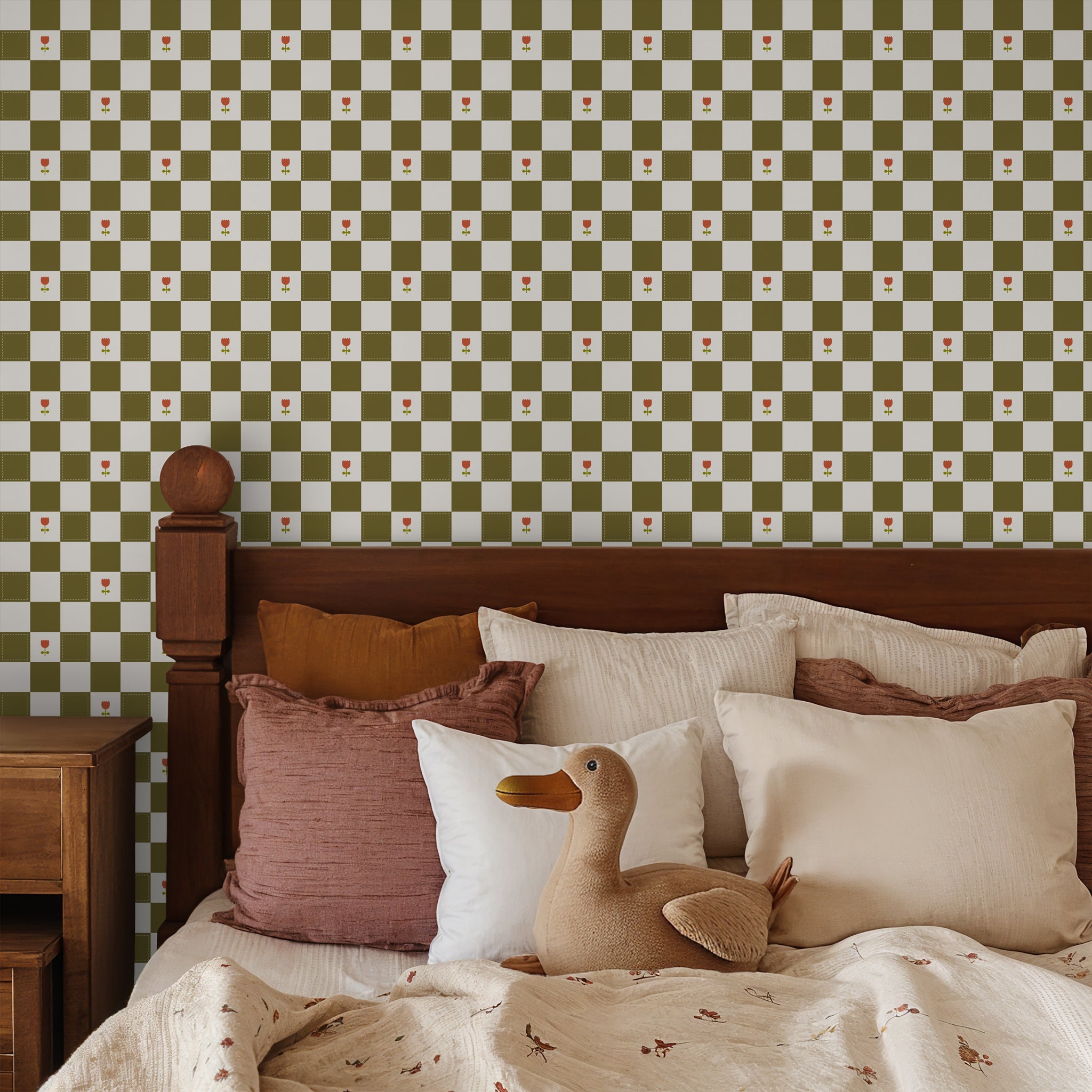 Brenton's Checkered Tulip (Green) Wallpaper - 8 FT H X 12.5 FT W