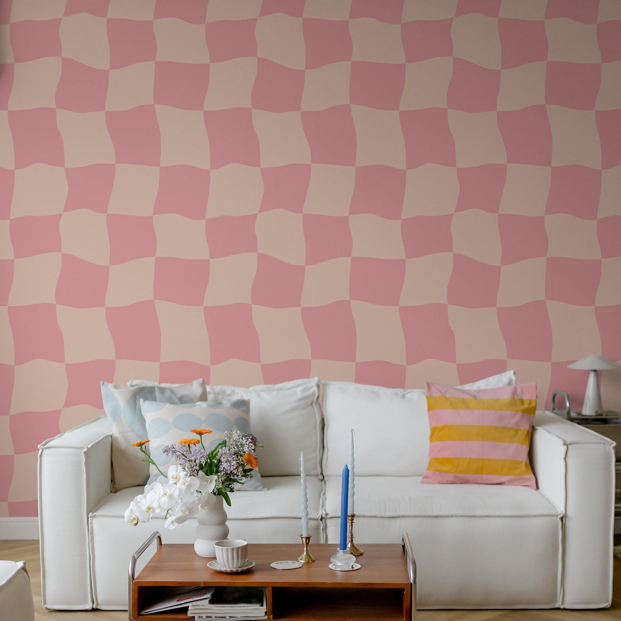 Drama Queen Wallpaper by Wall Blush SG02 in a cozy living room, with sofa and decor accents highlighting the design.