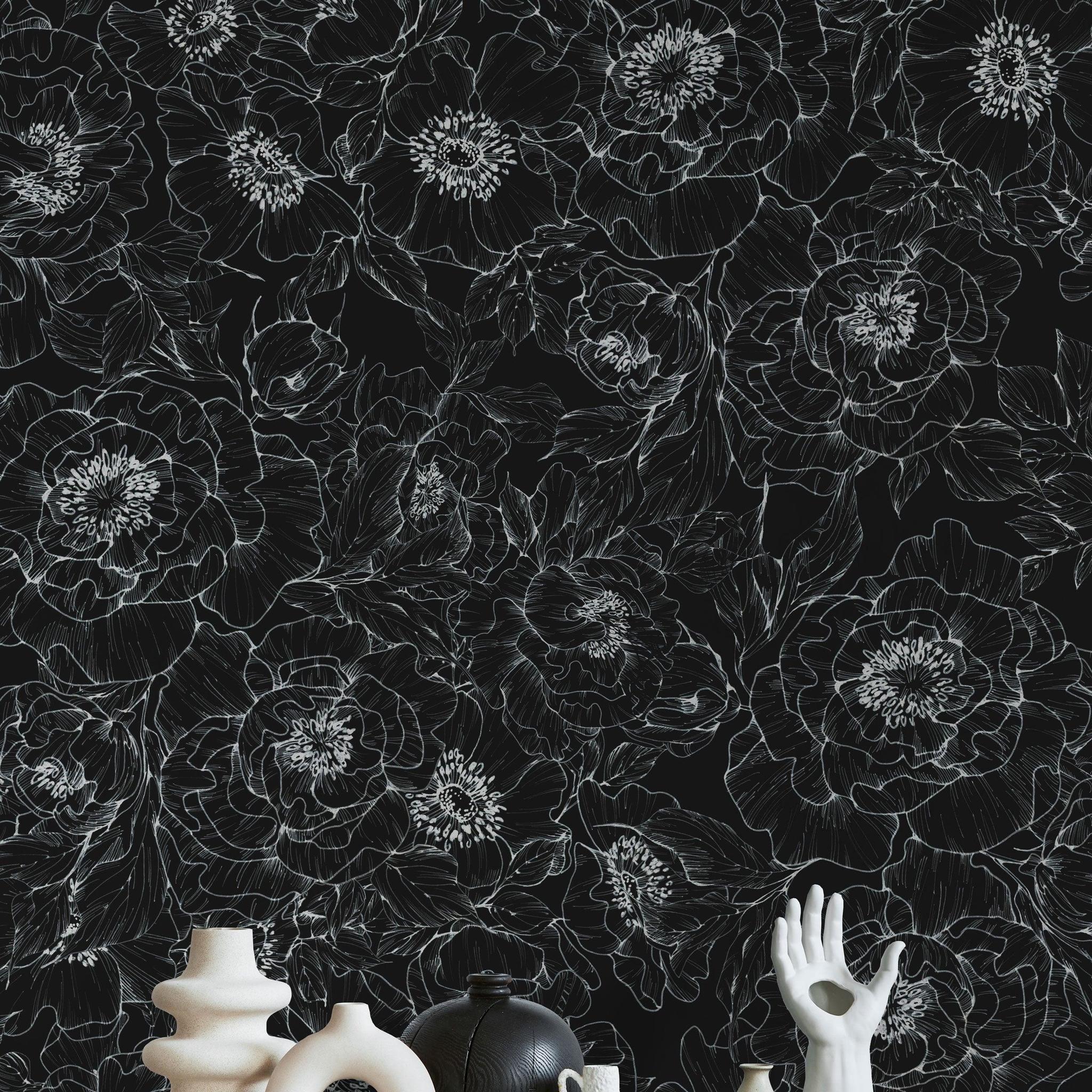 The Dutchess (Black) Wallpaper by The Ania Zwara Line in a modern living room, featuring artistic decor.