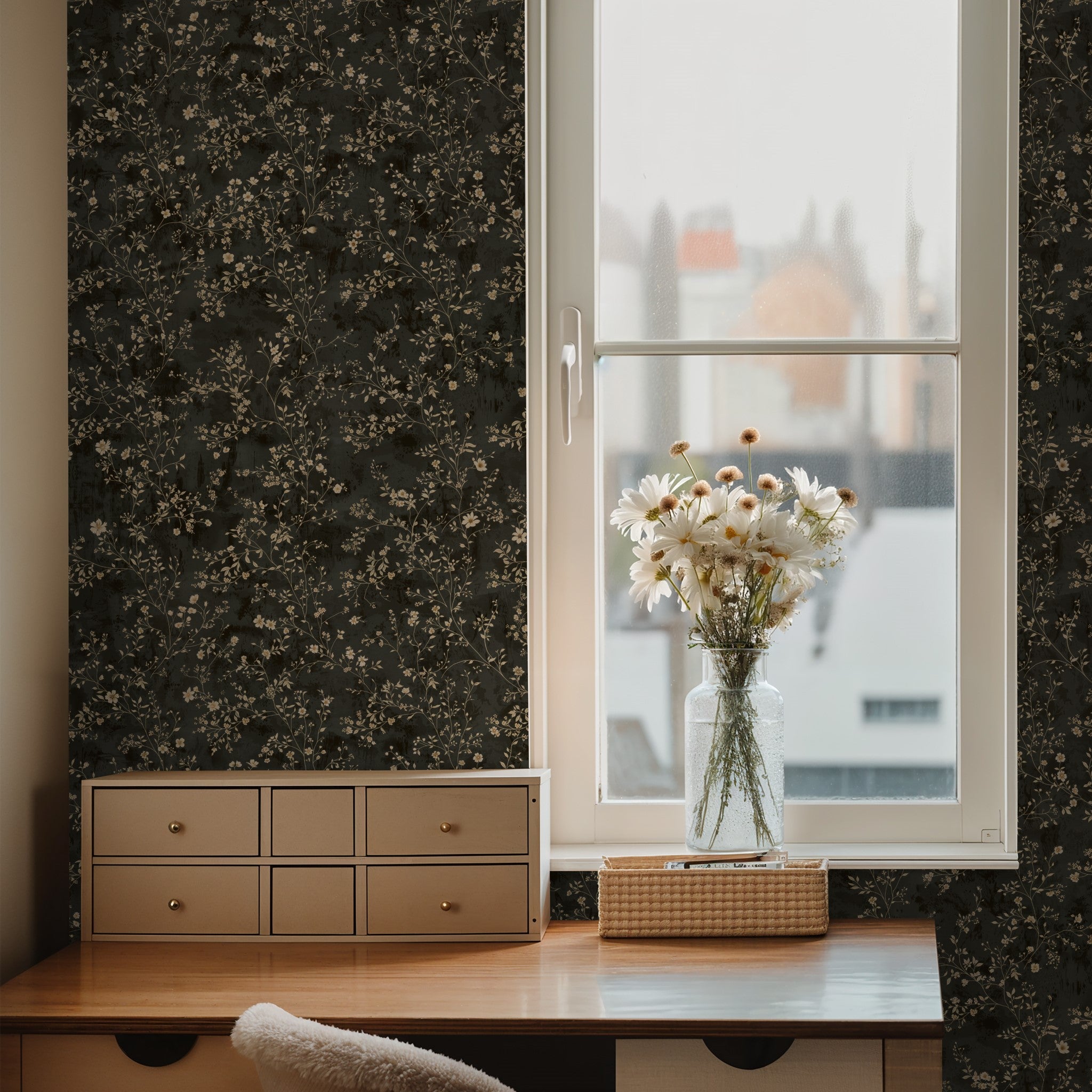 "Wall Blush's Enchanted Flora Wallpaper in a modern room, highlighting elegant botanical design."