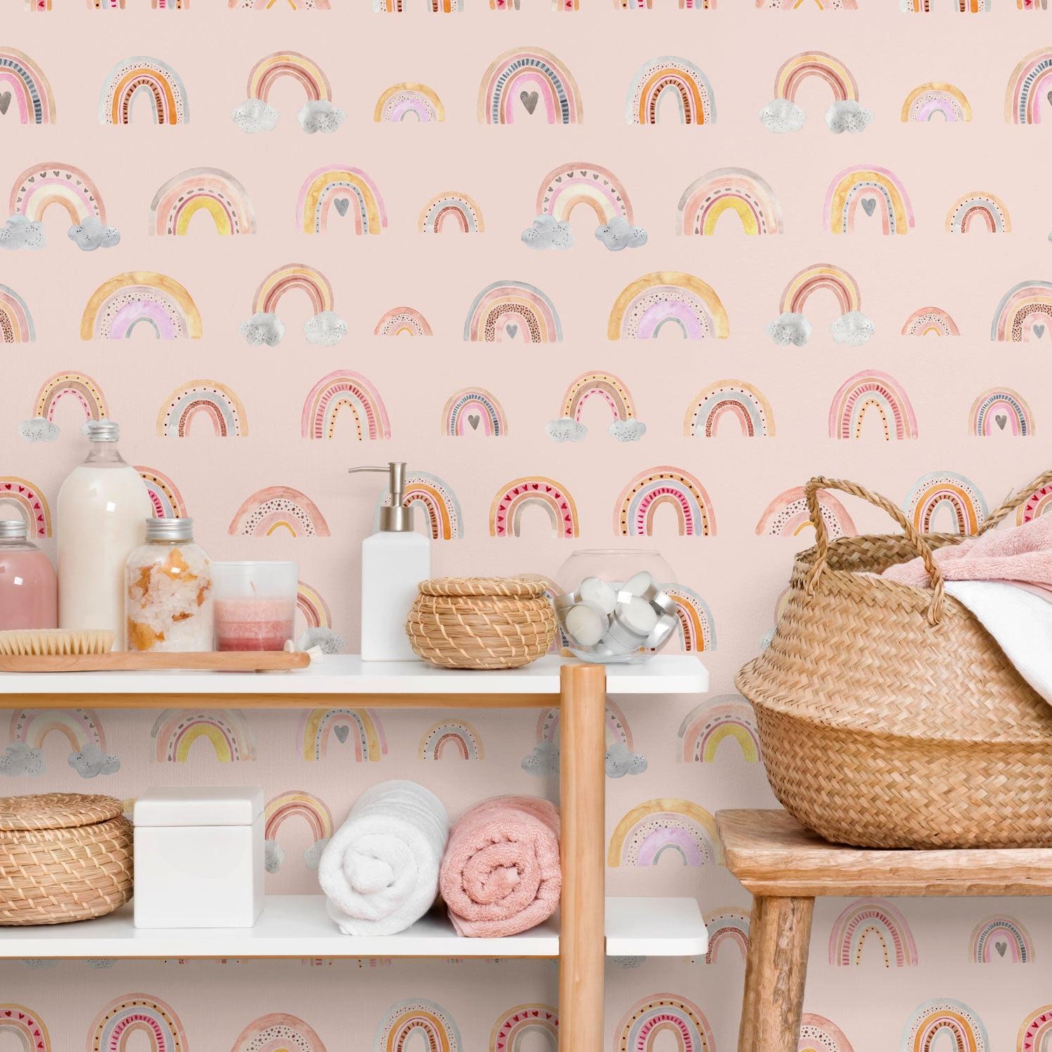 Alt text: Eden's Rainbows Wallpaper by Wall Blush in a styled bathroom, showcasing the vibrant wall decor.