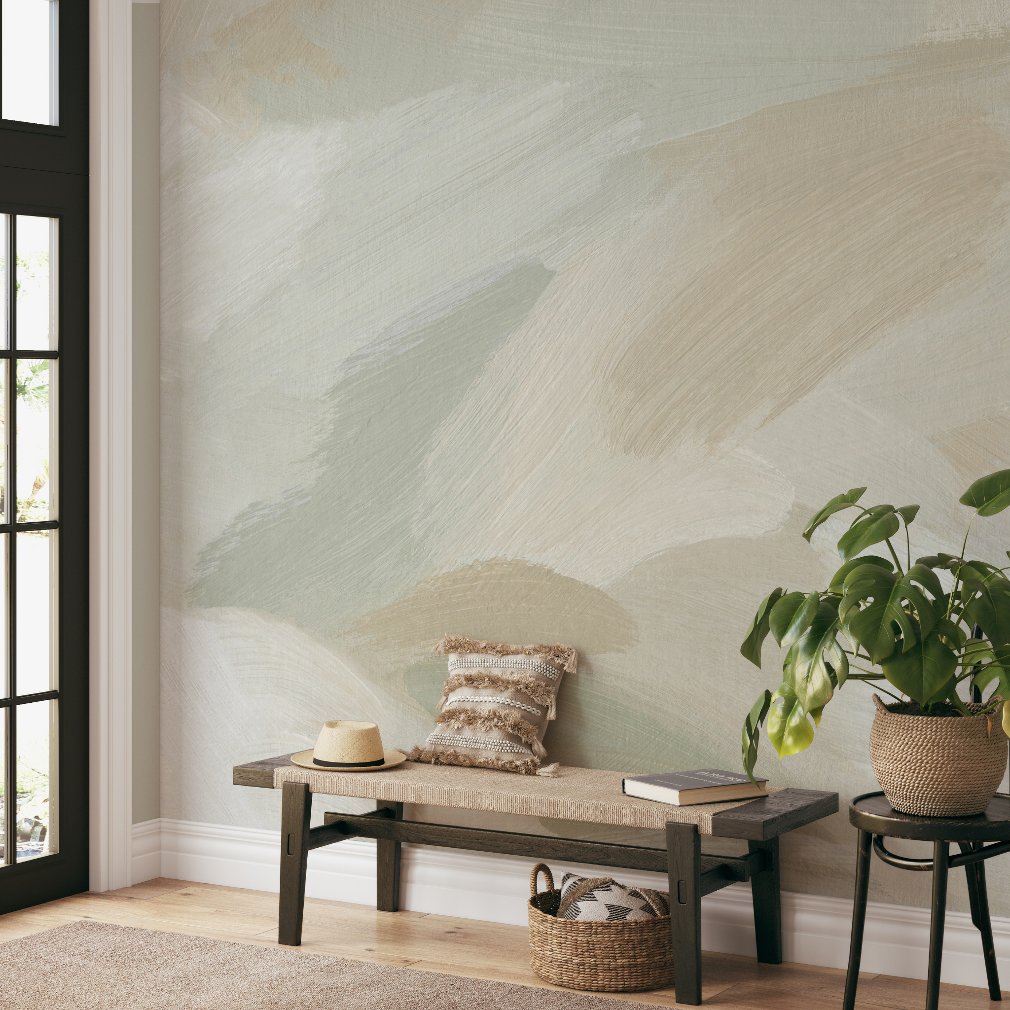 "Eleanor Wallpaper in serene living room by Wall Blush, with plush bench and decorative plants."