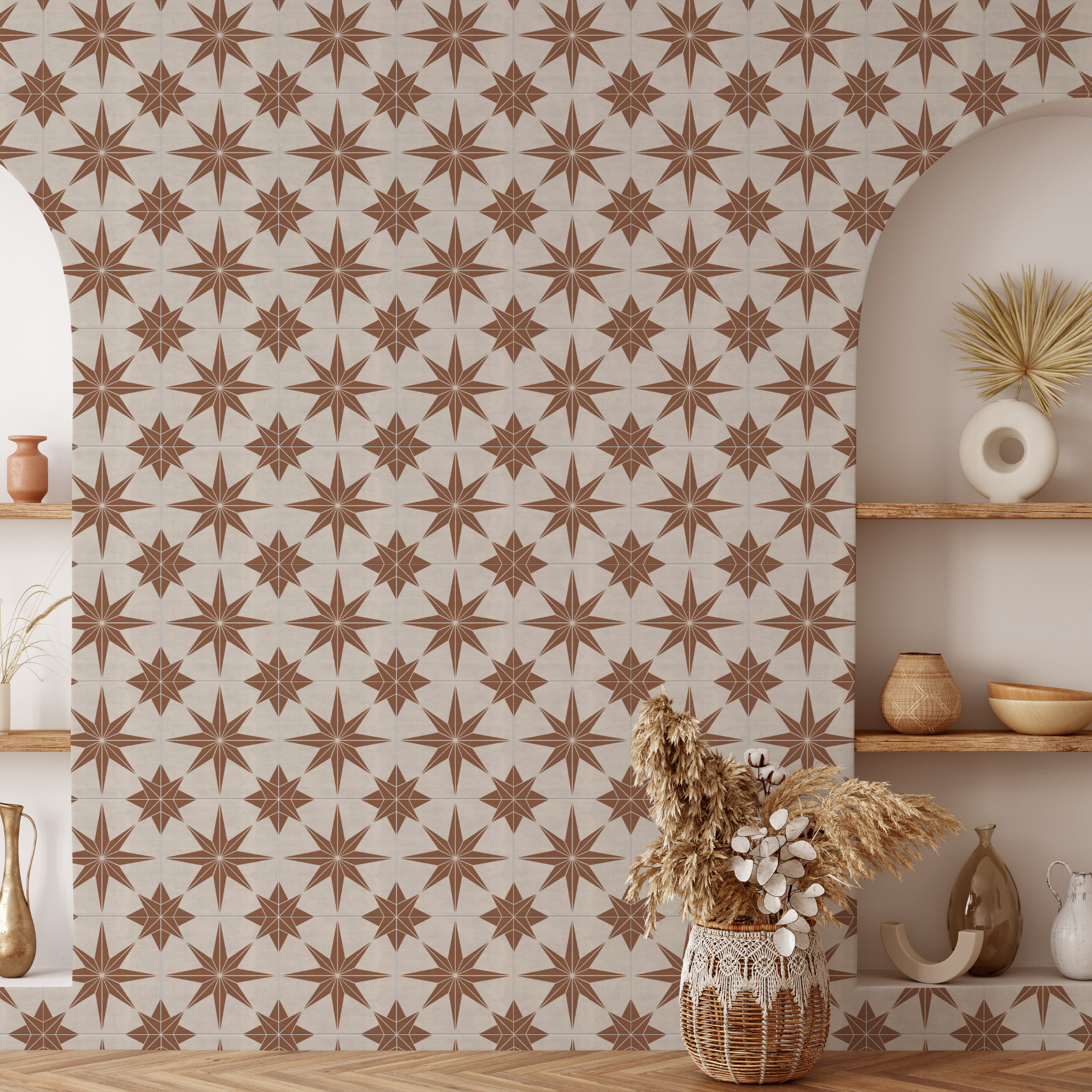 "Wall Blush Reality Star (Clay) Wallpaper in a modern minimalist living room focused on stylish design."