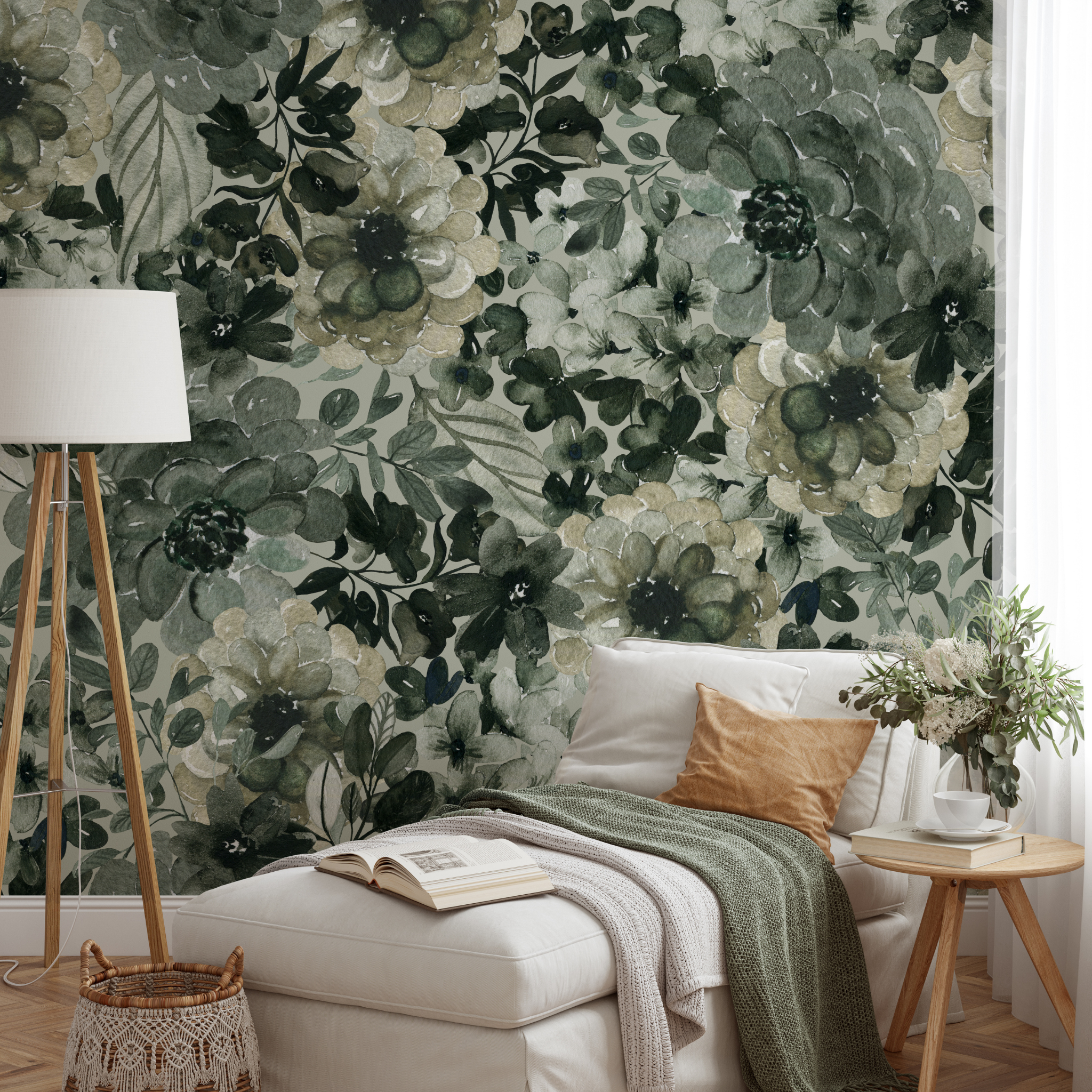 "Wall Blush's Forever and Always Wallpaper in a cozy bedroom setting, accentuating elegant floral design."