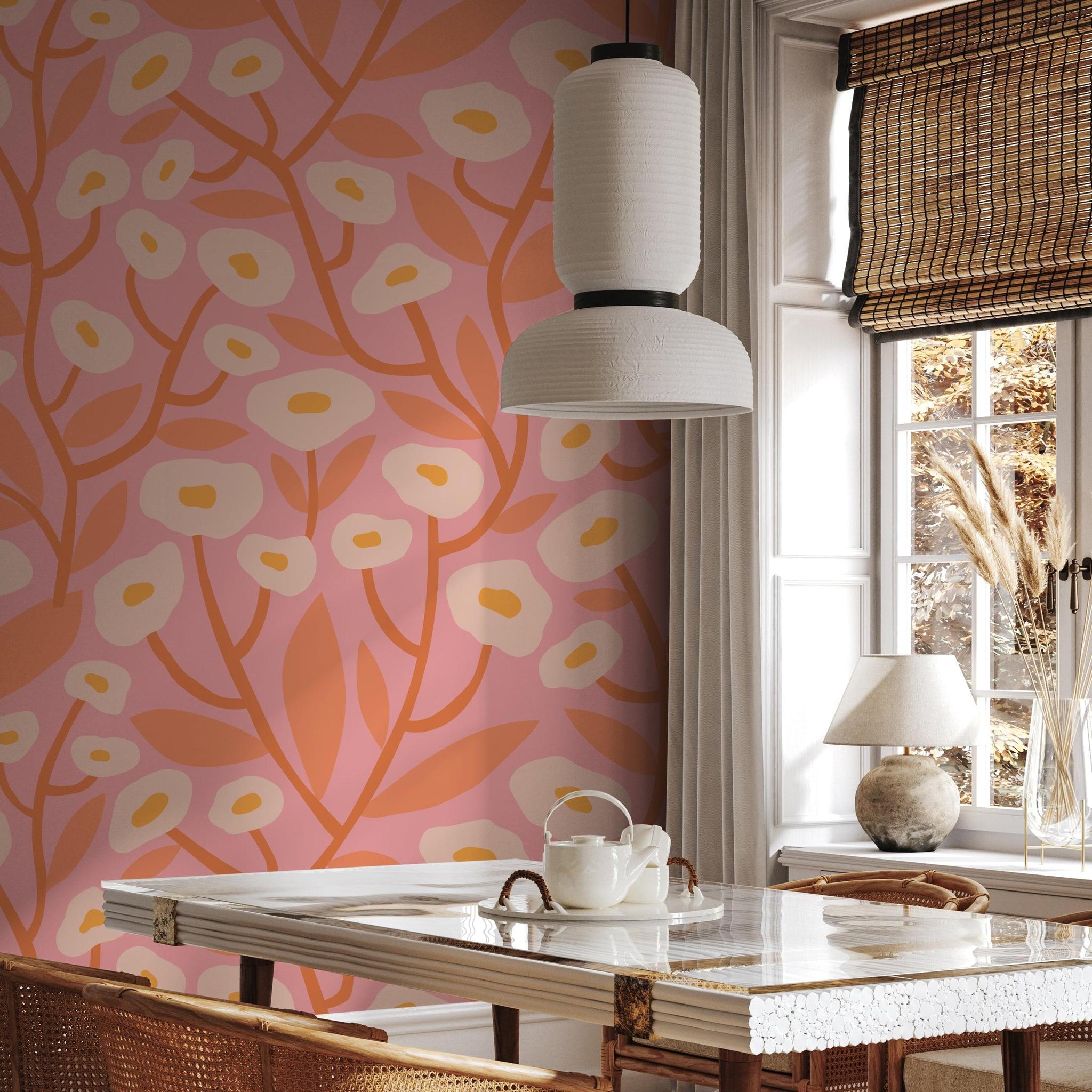 Wall Blush SG02 Georgia Pink Wallpaper in a modern dining room, featuring bold floral design.