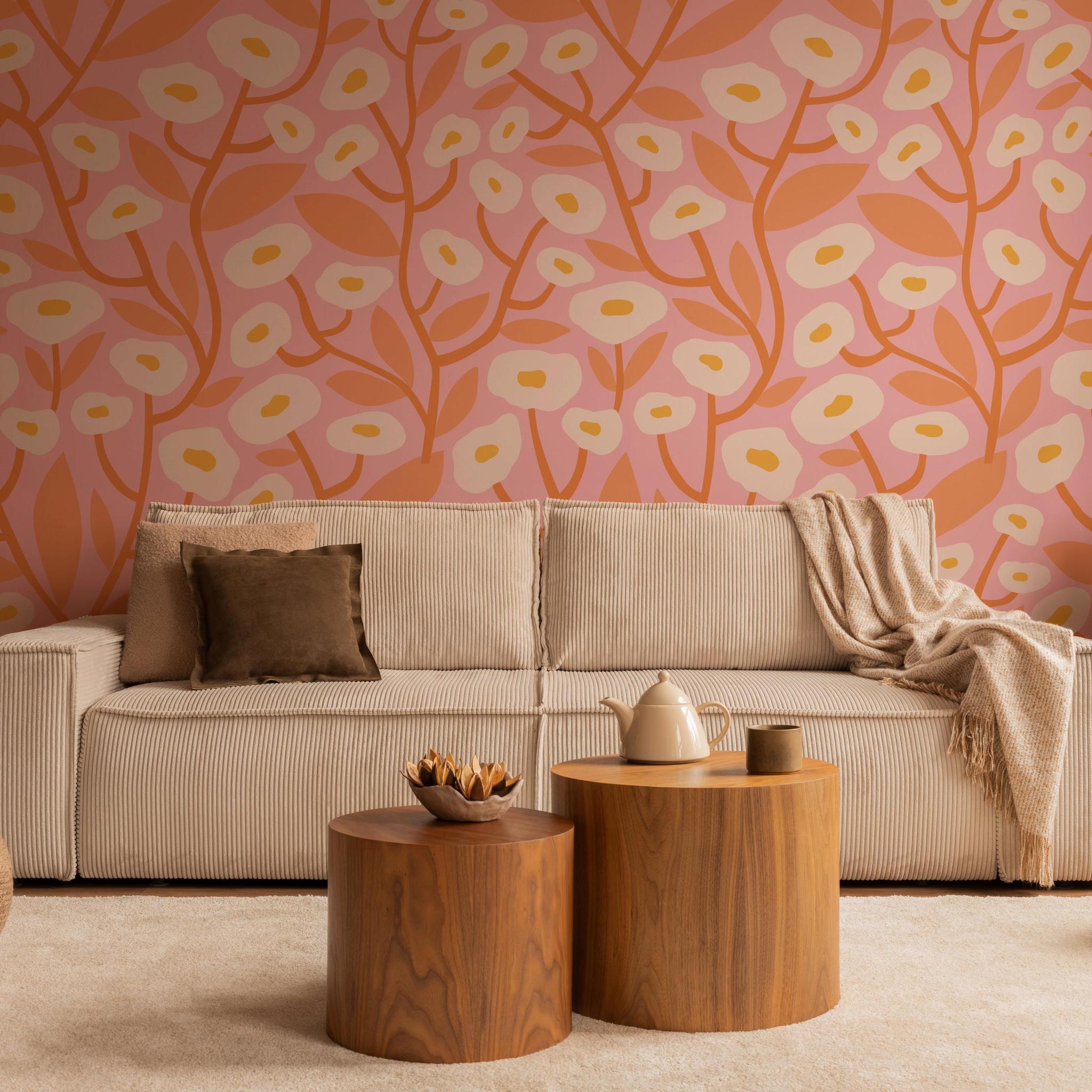 Georgia Pink Wallpaper by Wall Blush SG02 featured in stylish living room decor accentuating modern aesthetic.