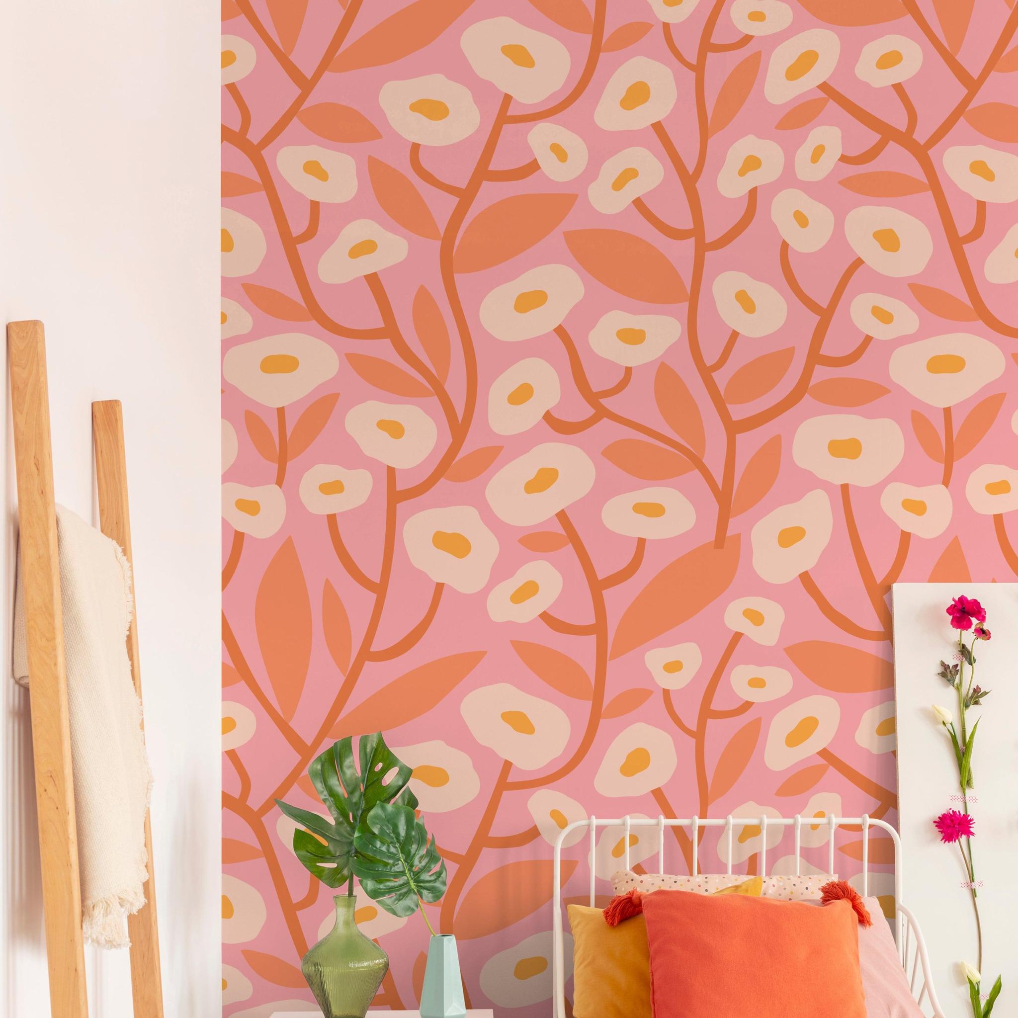 Wall Blush SG02 Georgia Pink Wallpaper featured in a stylish, modern bedroom focusing on vibrant wall design.