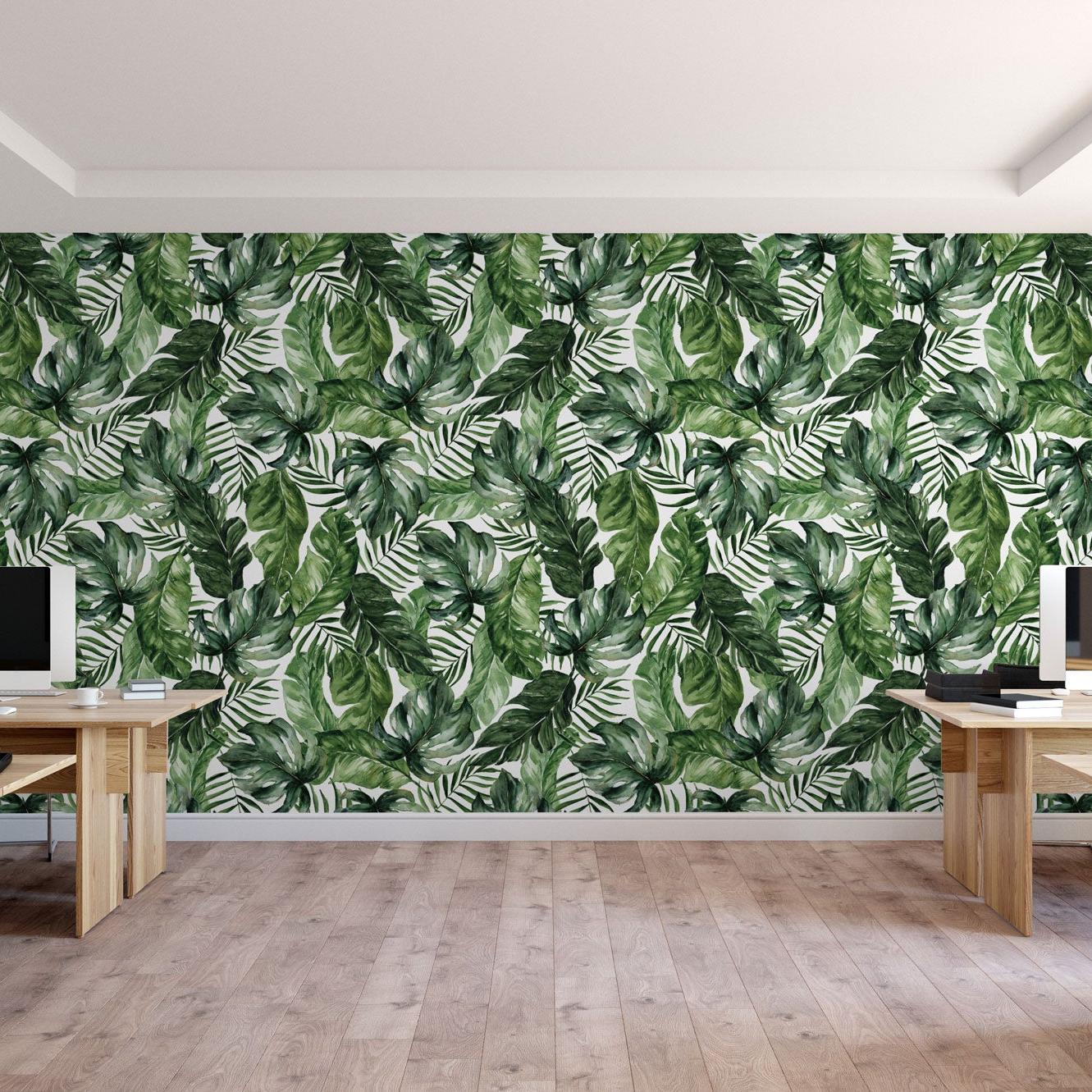 Wall Blush SM01 Good Vibes Wallpaper in a modern home office, with focus on the vibrant botanical design.