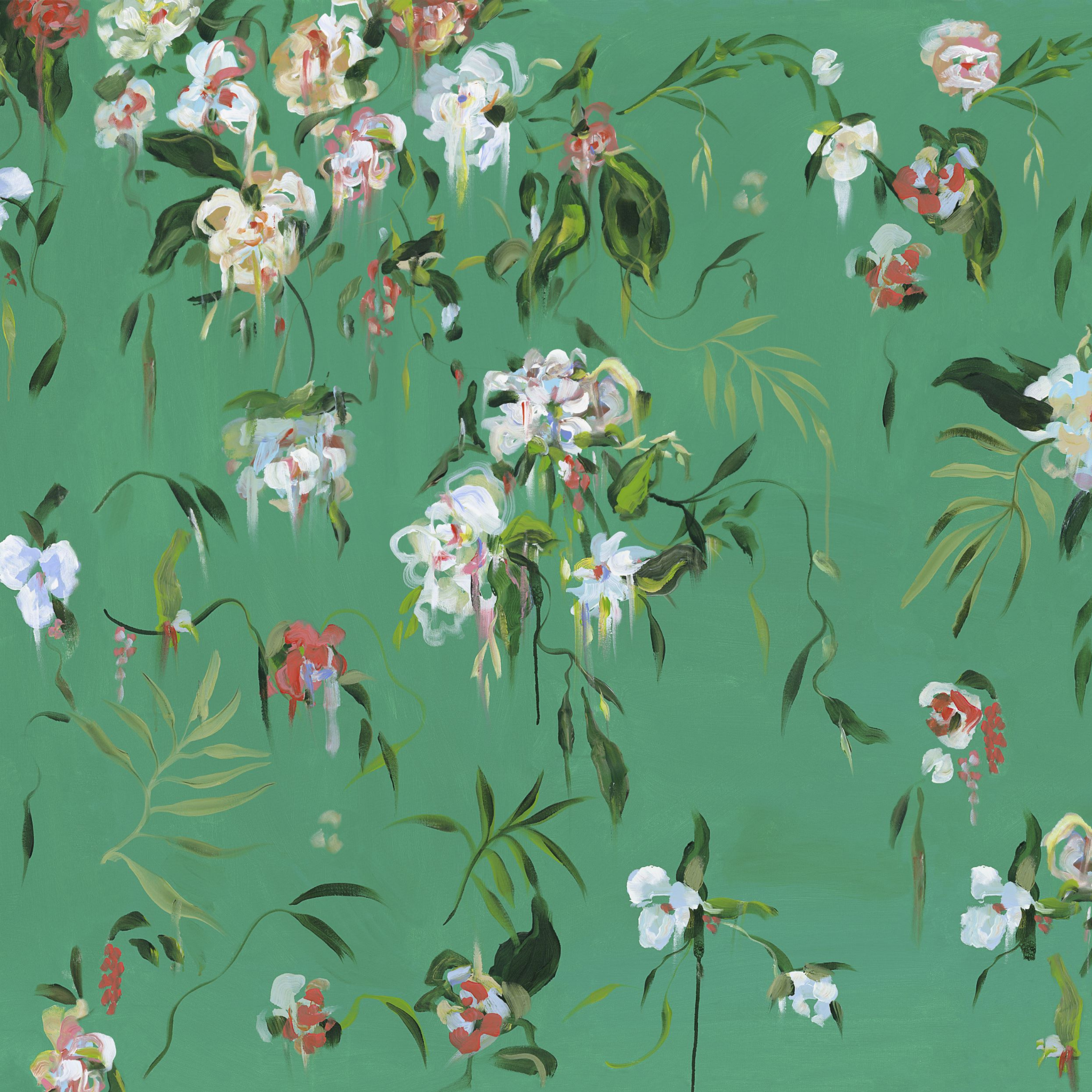 "Wall Blush's The Grove Wallpaper featuring floral design in a stylish living room setting, showcasing vibrant wall decor."